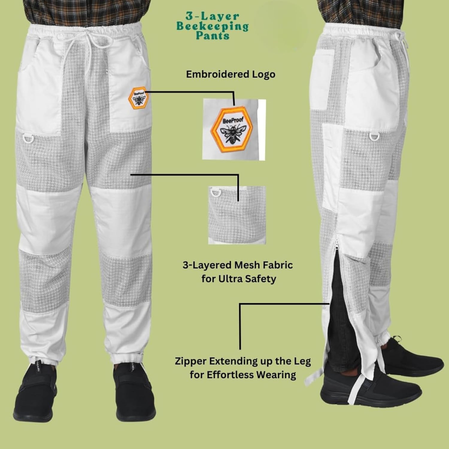 BP-351 Beekeeping Pant Ventilated Three Layer Mesh with Leg High YKK Zippers & Pockets White & Brown