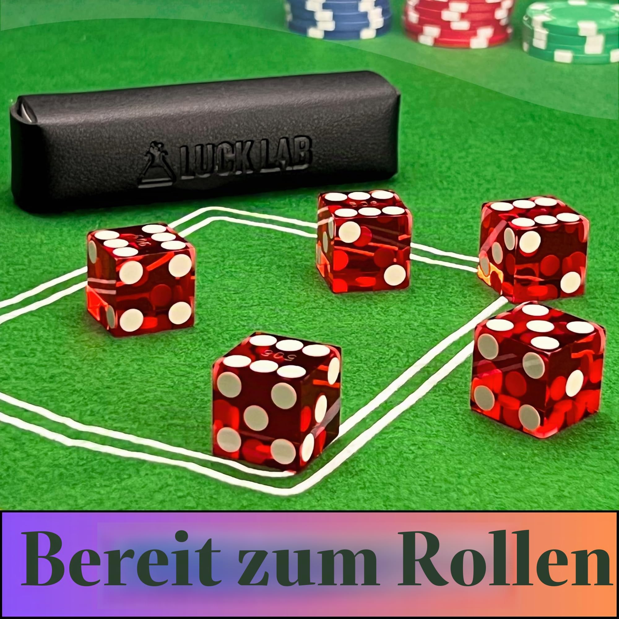 Luck Lab Casino-Würfel der Güteklasse AAA, 19 mm, mit Rasierkanten und passenden Seriennummern, Set mit 5 Stück und Lederwürfeletui, Rot