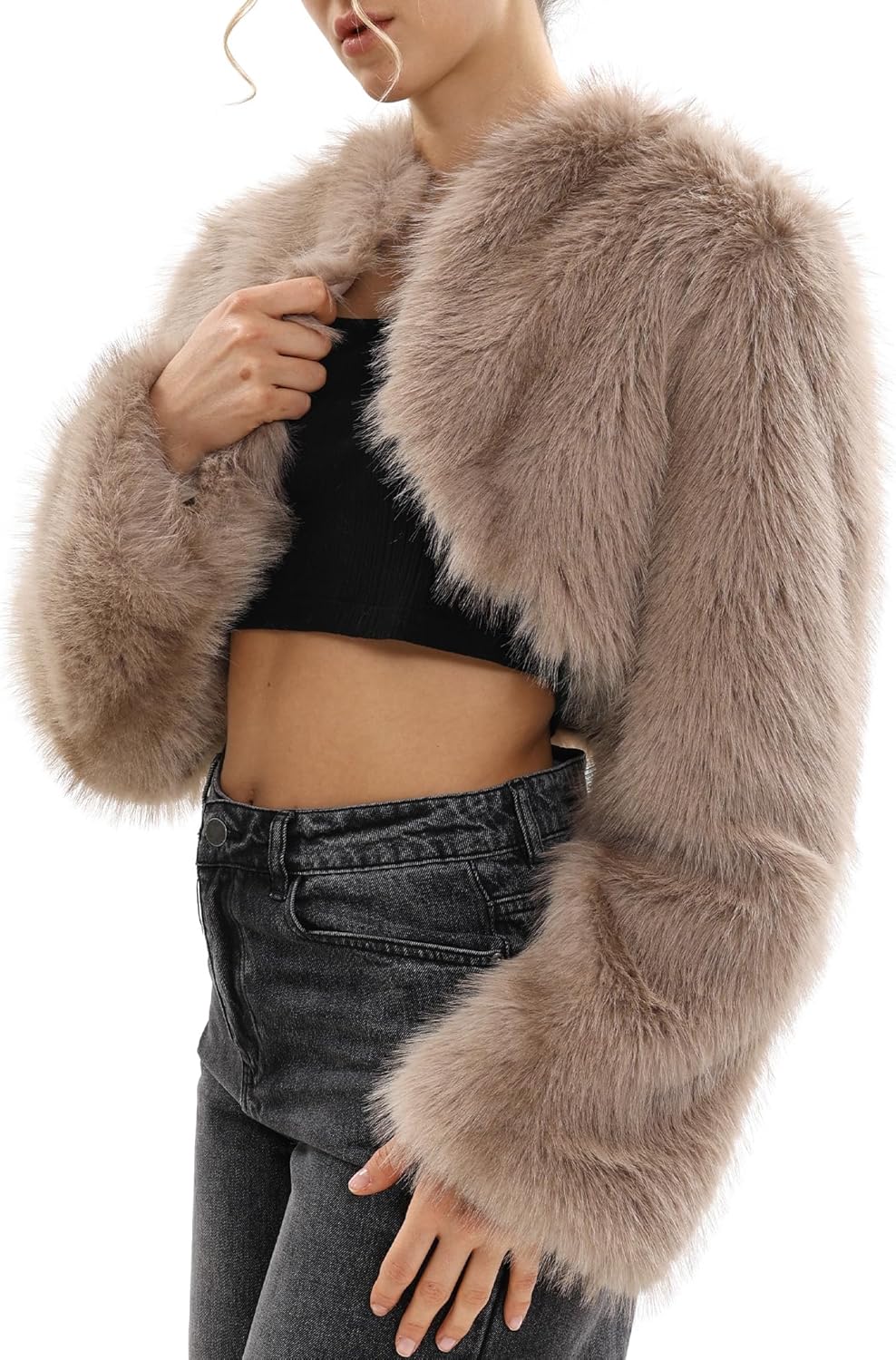 Xintianji Women's Open Front Faux Fur Coat Long Sleeve Fuzzy Cropped Jacket - Image 2