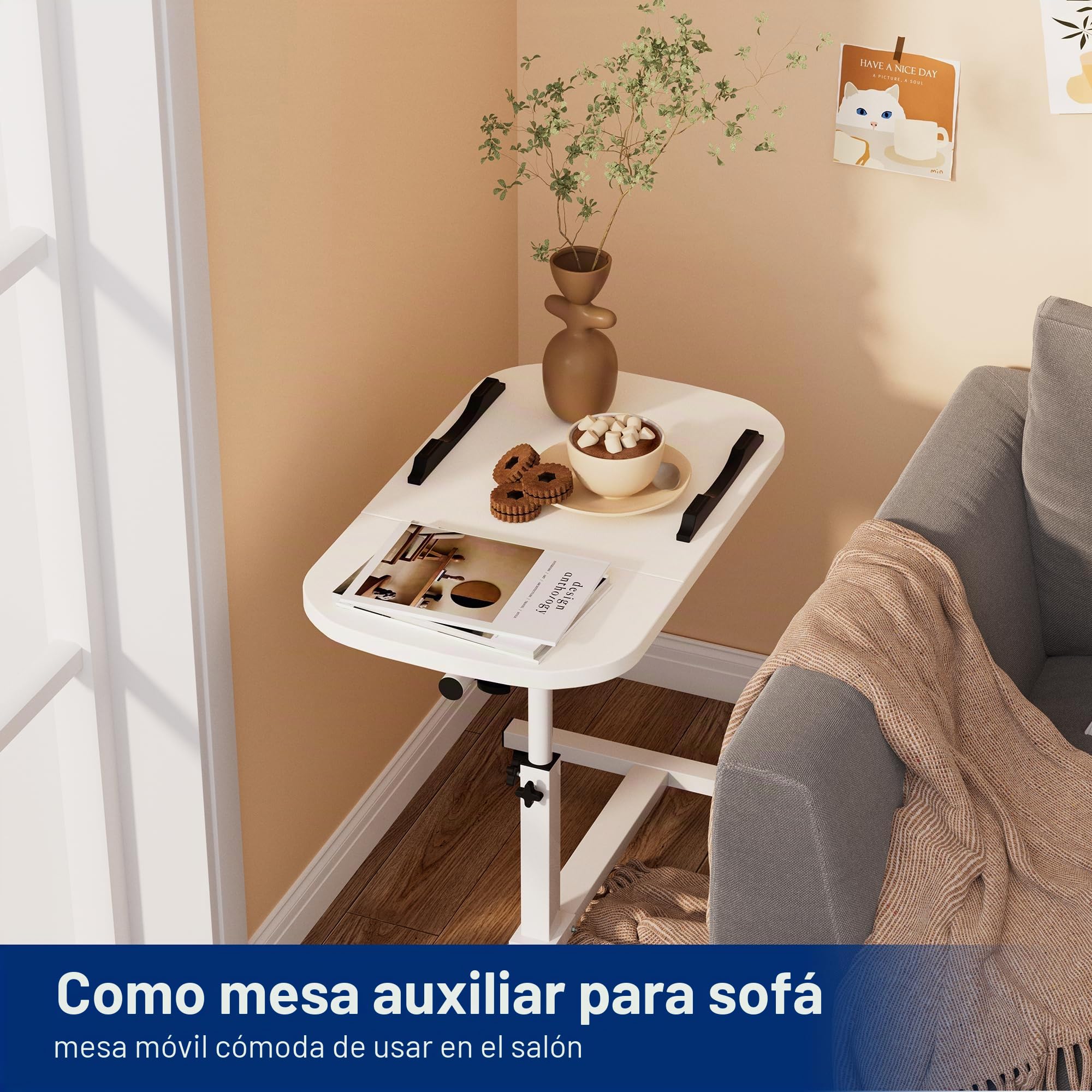Mesa auxiliar móvil, mesa auxiliar de cuidado ajustable para cama con 4 ruedas, 60 x 40 cm, mesa giratoria para salón, dormitorio, oficina, cama, sofá, máx. 20 kg, color blanco
