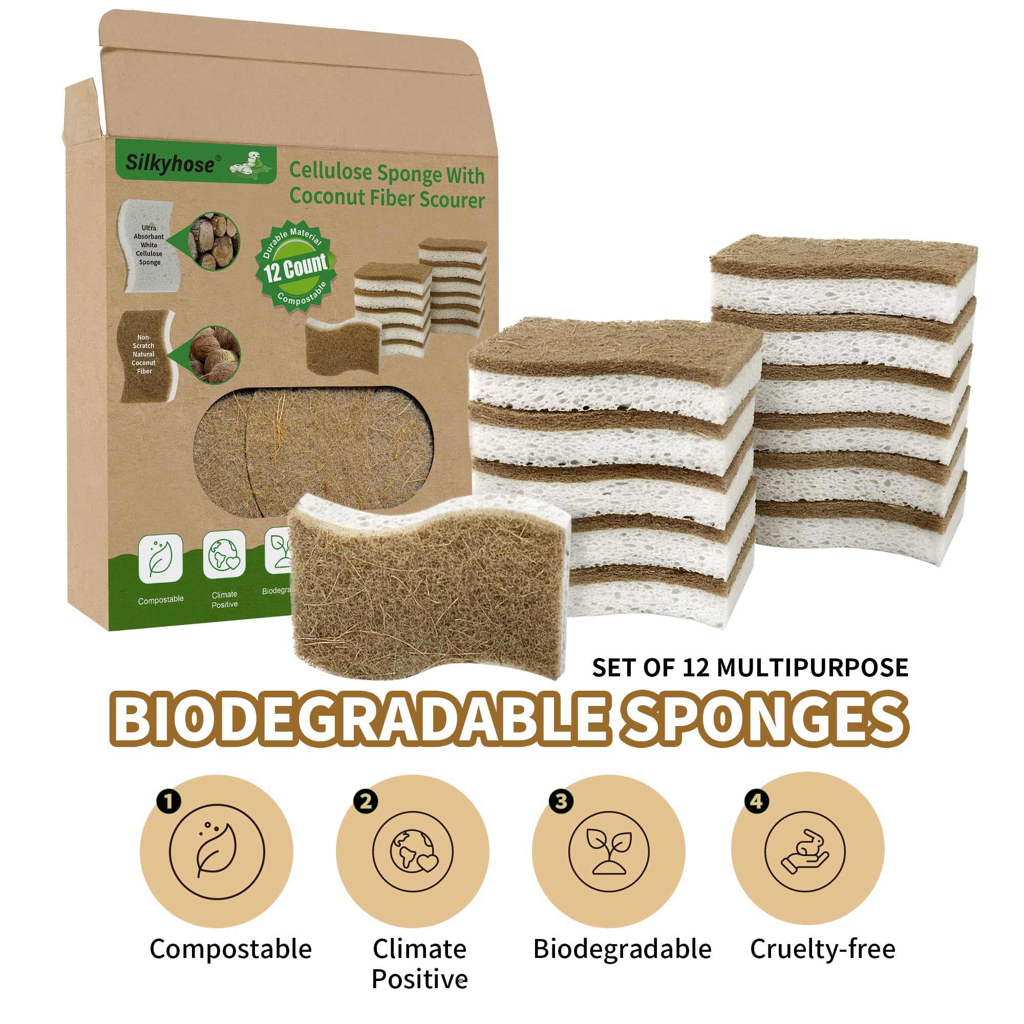 Silkyhose Esponja de cocina natural biodegradable, de celulosa compostable y coco, respetuosa con el medio ambiente, paquete de 12 espuma de limpieza para platos