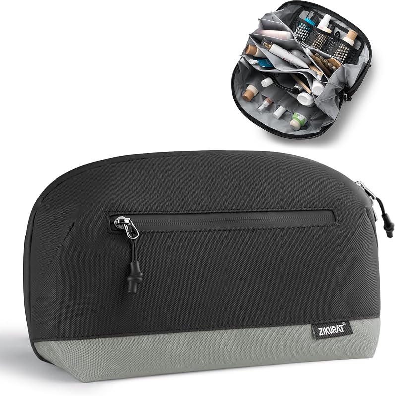 Necessaire de viagem Zikurat com bolso magnético, separação para itens úmidos e secos, abertura de 180° e zíper resistente à água
