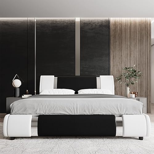 Miniatura 34 de TTVIEW Moderna base de cama tapizada de piel sintética con decoración de metal de hierro, cabecera curvada ajustable, soporte de listones de madera,