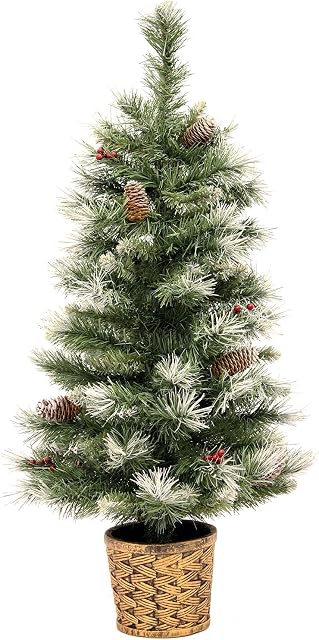 WeRChristmas Scandinavian Blue Spruce Christmas Tree with Pine Cones and Berries in a Gold Resin Pot, 3 feet - Green