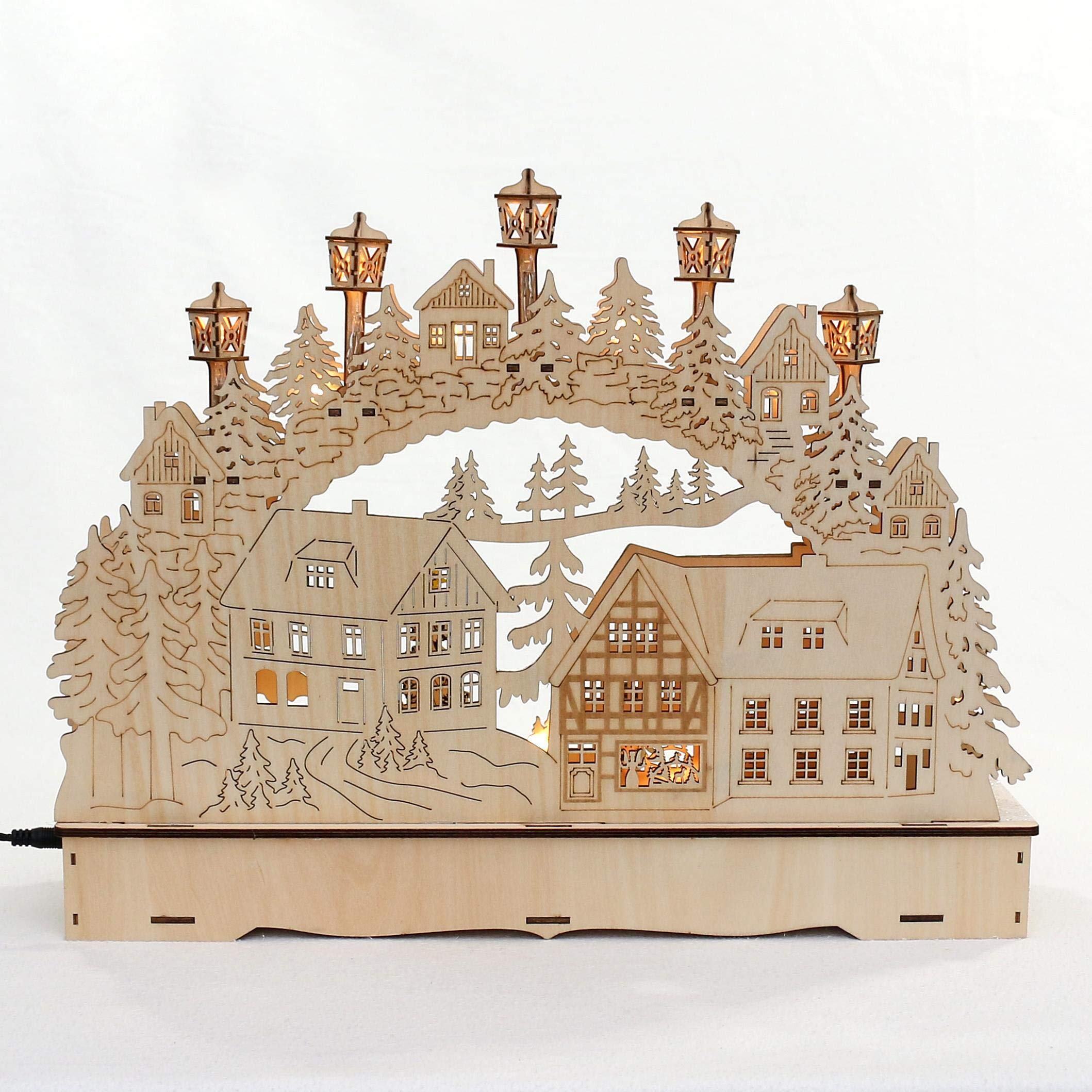 Arco de madera LED, arco de luz, arco flotante, arco de candelabros, ventana con árbol de Navidad móvil, incluye fuente de alimentación y funcionamiento con pilas, aprox. 45 x 12 x 35 cm.