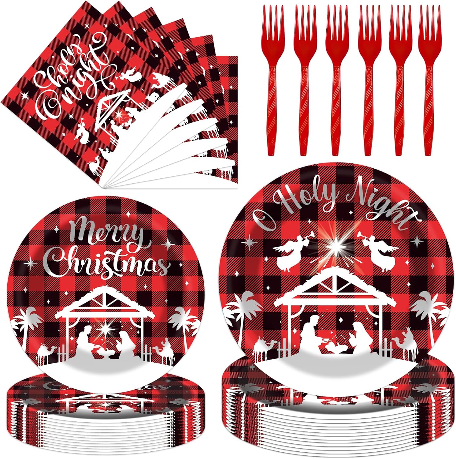 Jesus Christmas Party Tableware - Nativity Holy Night Supplies 96 Pcs Paper Plates and Napkins Set for 24 Guests