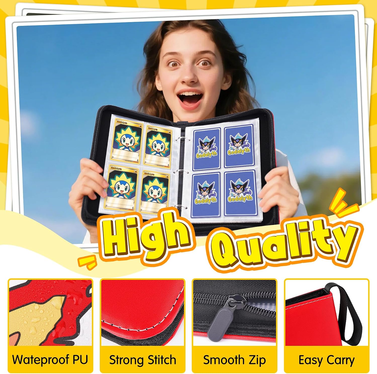 Card Binder – 4 Pocket Zipper Collection Album, Premium PU Holder, Double-Sided Display for 400 Cards, Includes 5 Hard Plastic Sleeves for Game Cards, Sports Cards（Cartoon Stickers） image 2