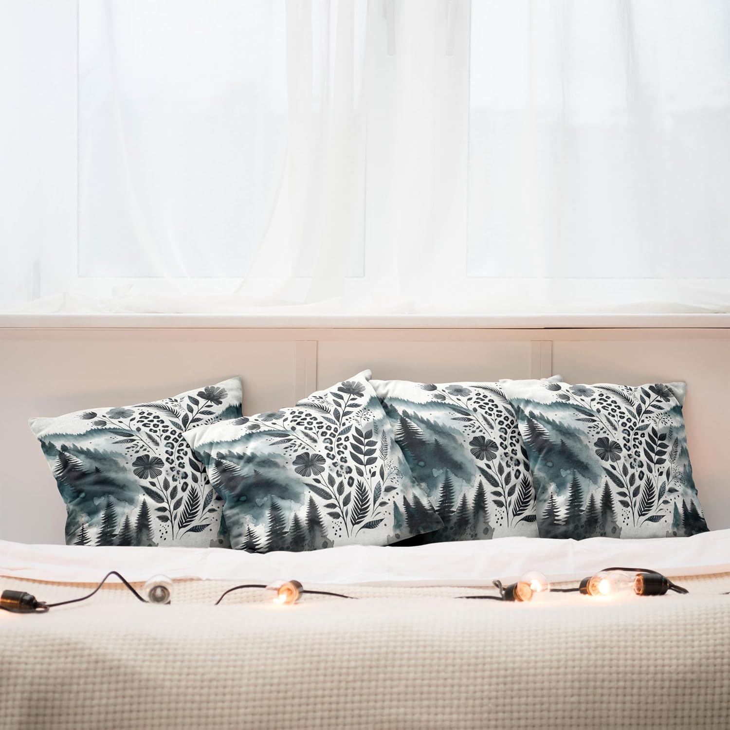 Ambesonne Nature Art Decorative Throw Pillow Case Pack of 4, Watercolor Mountain Forest Trees Nordic Flowers and Leopard Print, Cushion Cover for Couch Living Room Car, 16", Dark Petrol Blue White