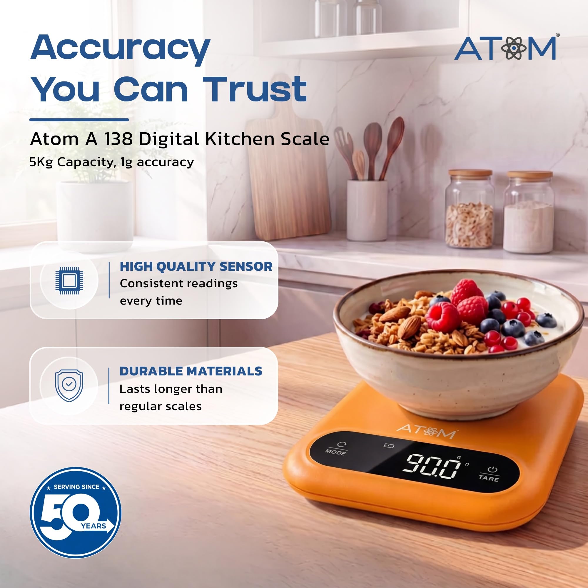 Atom 5Kg Kitchen Weight Machine, Digital Scale with LCD Display, Scale for Home Baking, Cooking & Balance Diet. Machine with capacity 5Kg, A 138,Color May Vary
