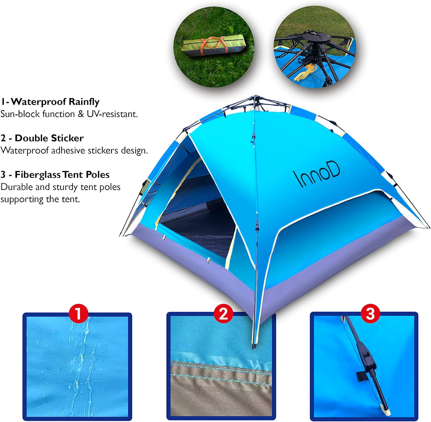 InnoD 3 Person Tent, Instant Pop up Dome Tent for Camping with Waterproof Rain Fly, Easy Setup Outdoor Camping Tent & Shelters