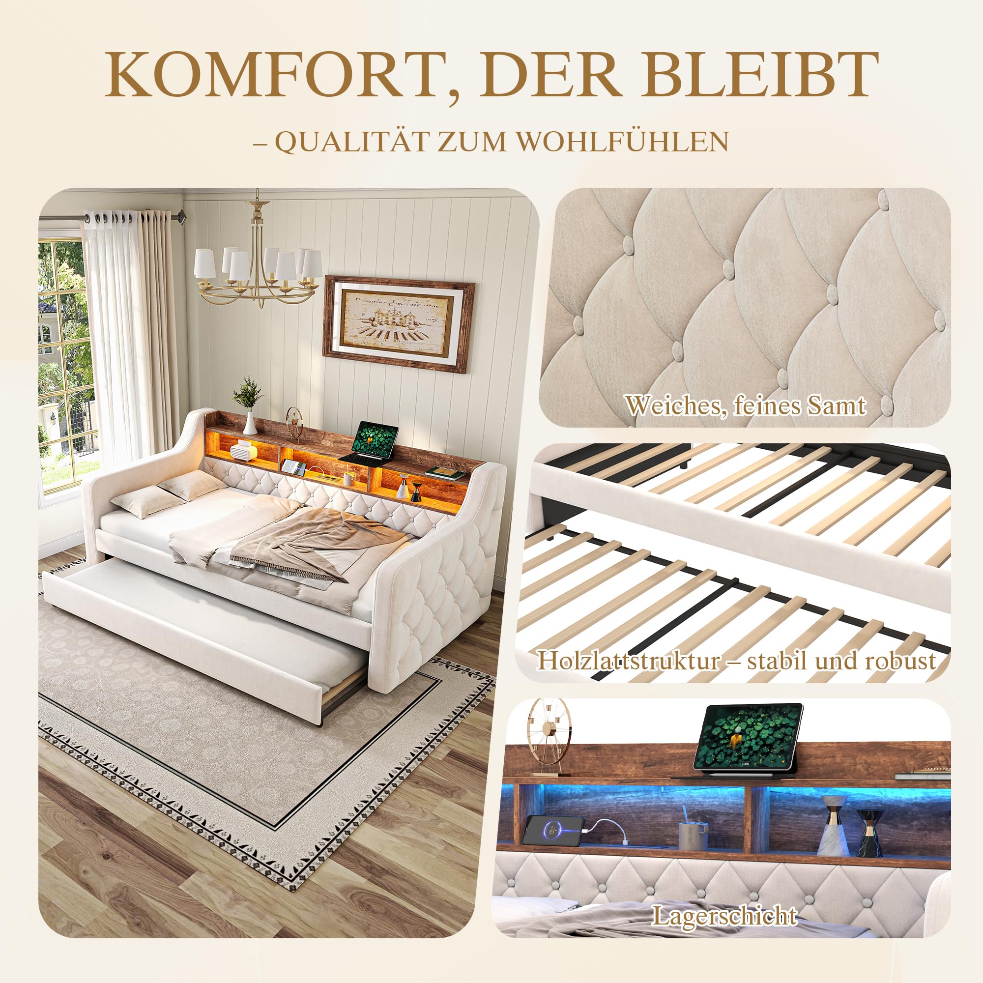 Divano Letto 90x190cm in Velluto con Luce LED e Porta USB-C, Testiera Contenitore, Letto Imbottito Matrimoniale con Reti a doghe, Struttura in Metallo e Legno, Sofa Bed Beige