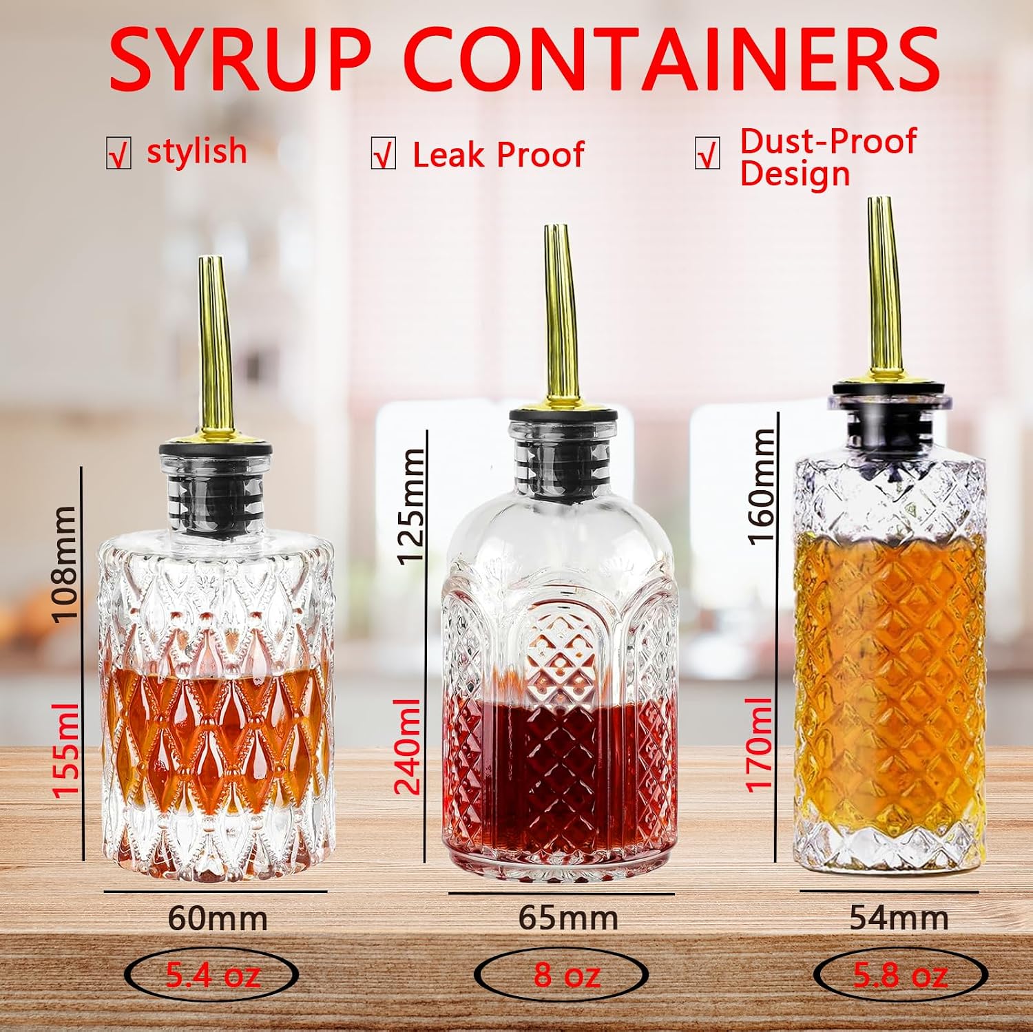 Aimery Coffee Syrup Dispenser Bottles Set - 3 Pack Simple Syrup Bottles with Metal Pour Spout and Dust Caps,For Syrups,Honey,Olive Oil,Condiments,Syrup Dispenser for Coffee Bar with Labels