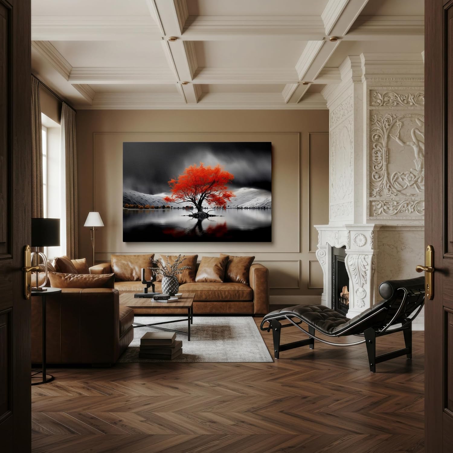Canvas for Living room. Serenity Before the Storm: A Lone Red Tree's Reflection on Calm Waters, 27 x 18 inch Canvas Wall Art - Surrealistic Visions - Modern Home Decor