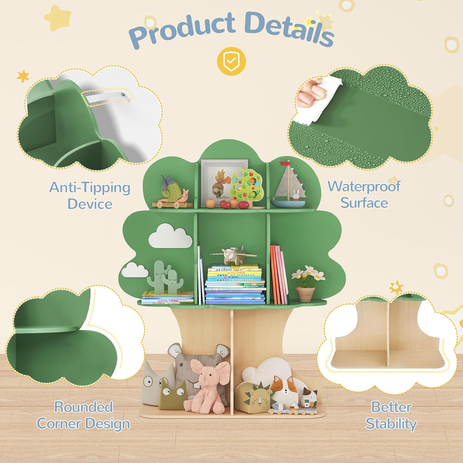 Curipeer Tree Kids Bookshelf, Toddler Bookshelf for Kids, Baby Montessori Bookshelf and Toy Storage, Wooden Kids Bookcase, Book Shelf for Kids Rooms, Nursery, Bedroom, Playroom, Green