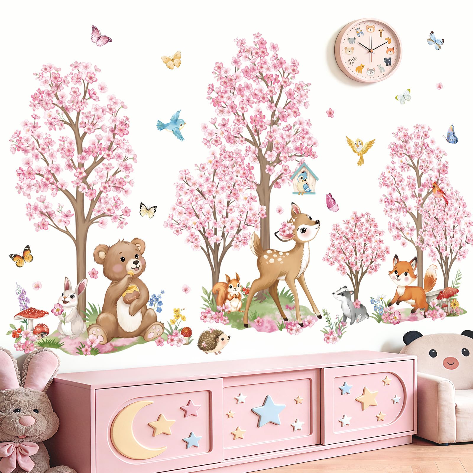 wondever Stickers Muraux Enfants Fille Fleurs de Cerisier Arbre Grand Autocollants Muraux Mural Stickers Foret Animaux Ours Cerf Renard pour Chambre Bébé Fille Pépinière