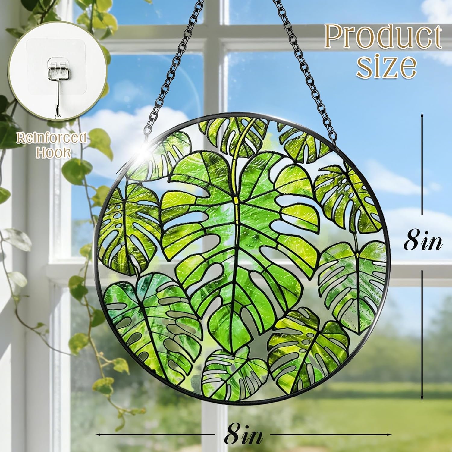 Stained Glass Suncatchers for Windows, 8 Inch Hanging Sun Catchers Indoor Window, Monstera Plant Gifts for Plant Lover (UV Printed)