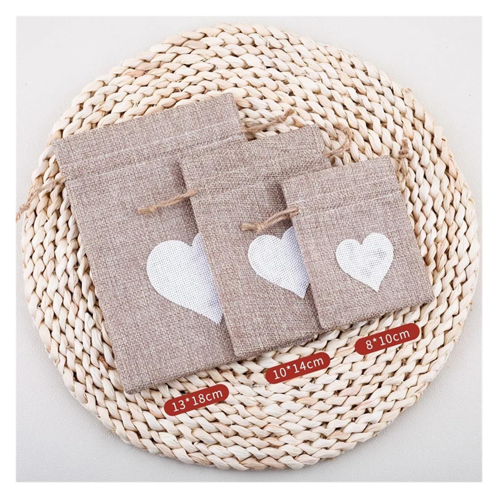 WENH 100 sztuk/partia jutowe torby ze sznurkiem z łatką w kształcie serca mały prezent opakowanie materiałowe woreczki ślubne 8x10/10x14/13x18cm(WHITE,13x18cm(100pcs))