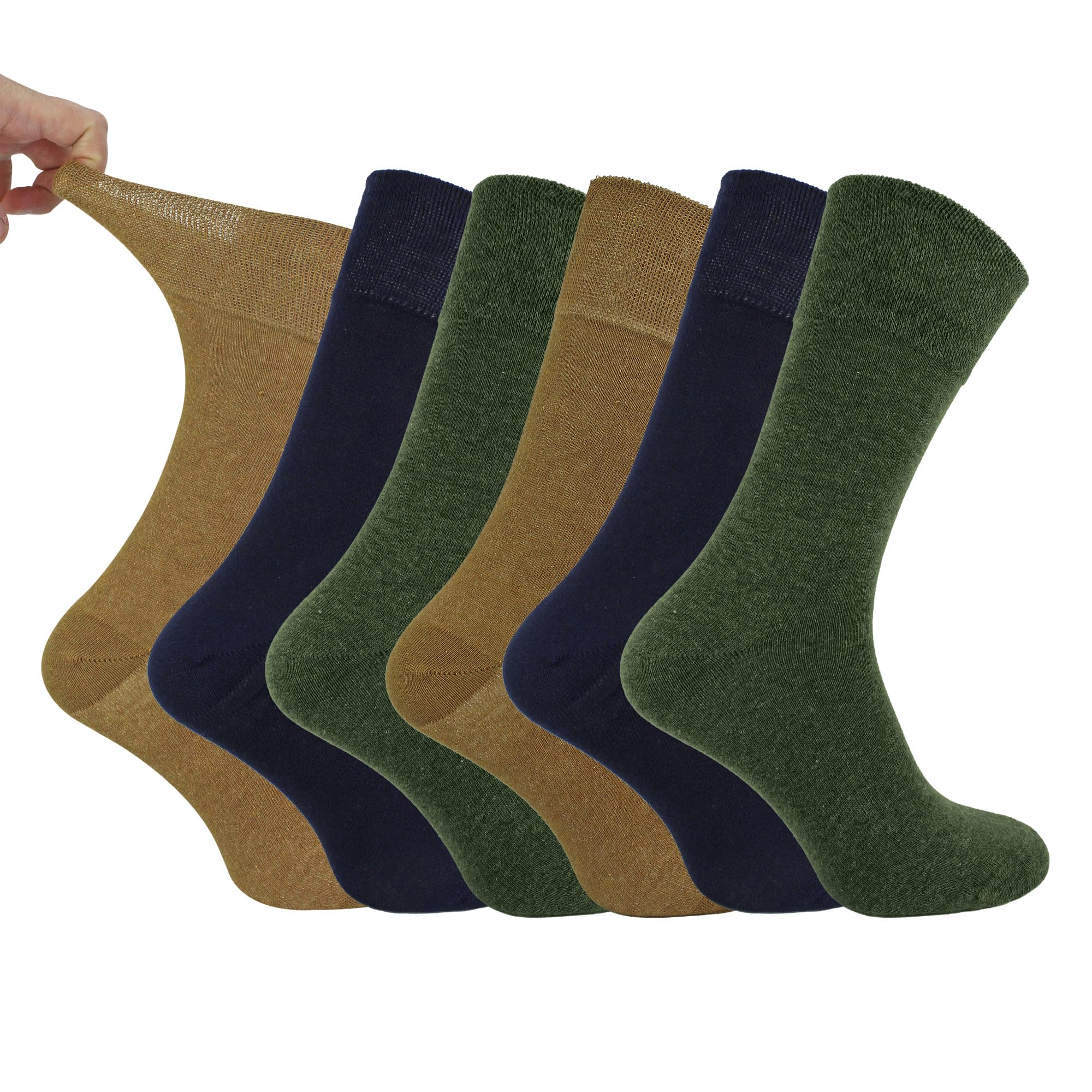 Iomi Men's Ochre / Navy Blue / Green Khaki Footnurse - 6 Pairs Cotton Non Elastic Diabetic Socks With Honeycomb Top (6-11, Ochre/Navy Blue/Green Khaki)