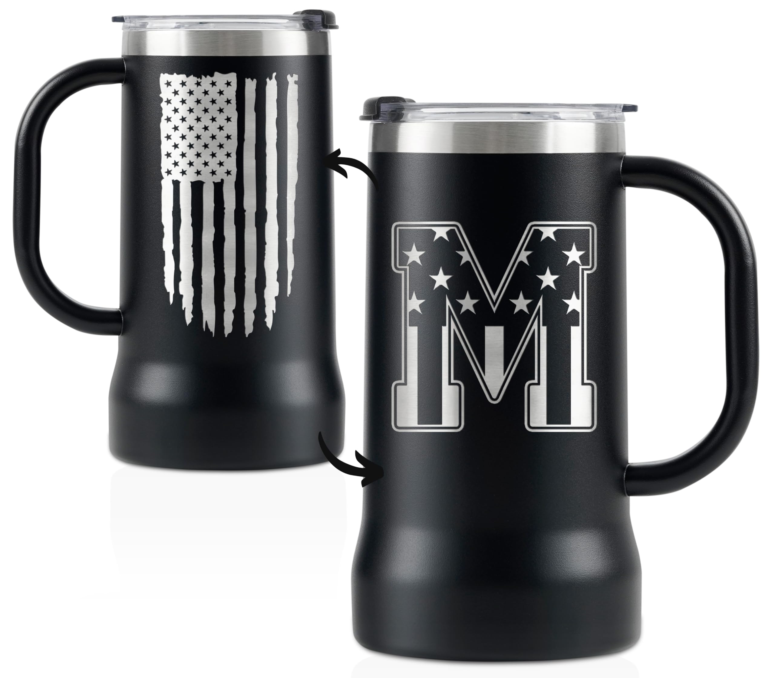 Onebttl Personalized Beer Stein, Beer Mug with Handle - Gifts for Beer Lovers, Men Who Have Everything on Birthday, Christmas - Customized Patriotic US Flag Gifts, Monogram 24 oz Cup, M