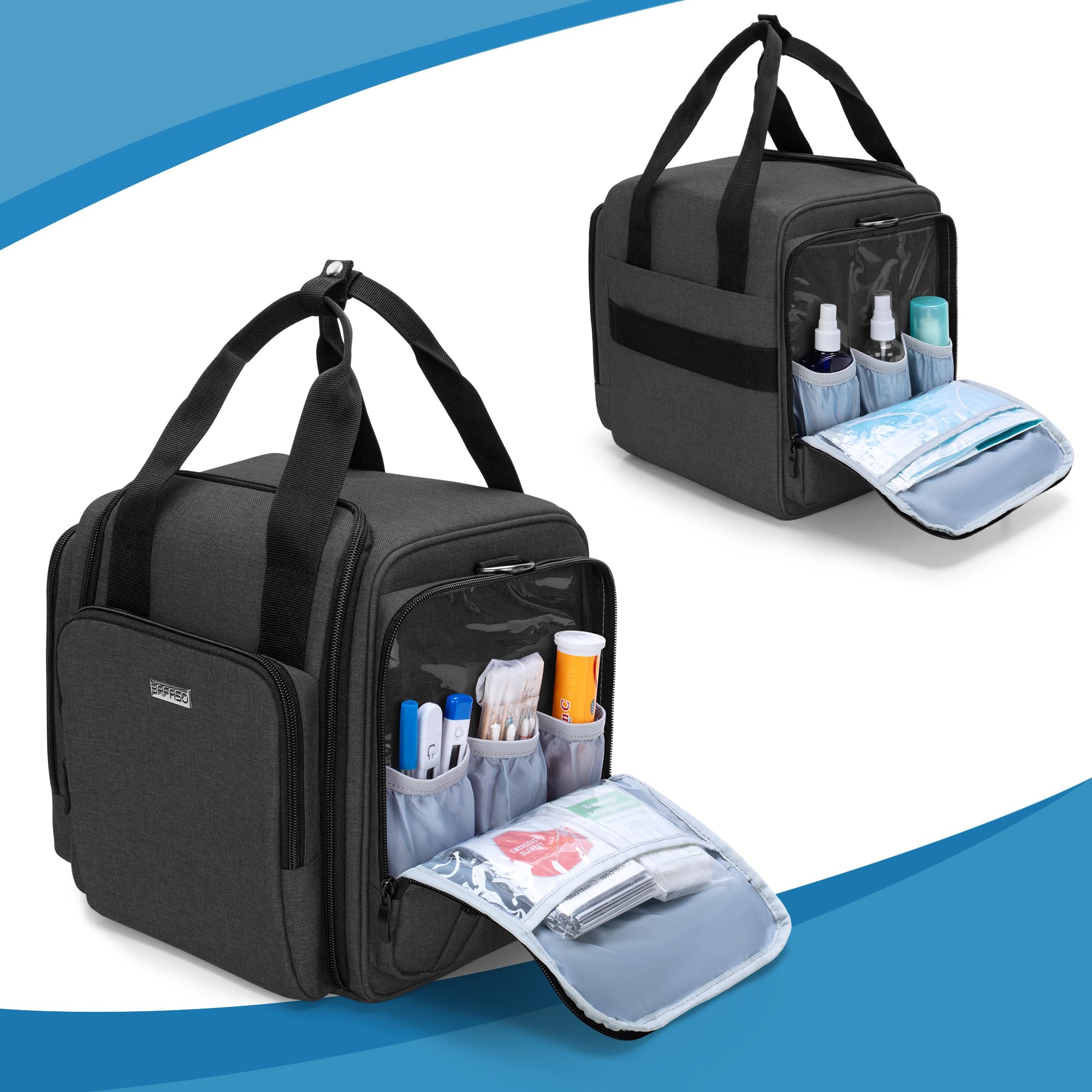 BAFASO Bolsa de Medicina, Organizador de Frascos de Pastillas y Correa | Grande con 4 Bolsillos Interiores Extraíbles, para El Hombro (Sola Bolsa), Negro
