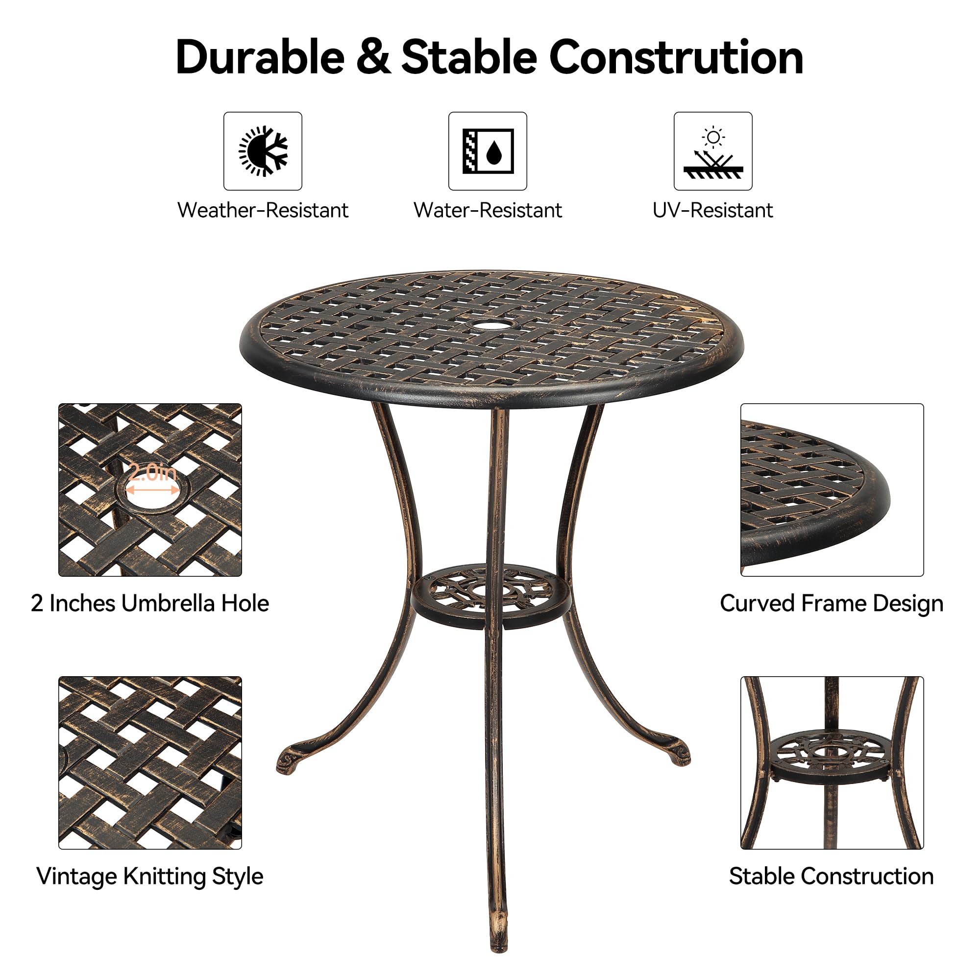 Zstar Table de Jardin Ronde en Fonte d'Aluminium avec Trou de Parasol 5 cm Table de Bistro Extérieure Vintage Ø61 cm pour Balcon Terrasse Patio Jardin Bronze
