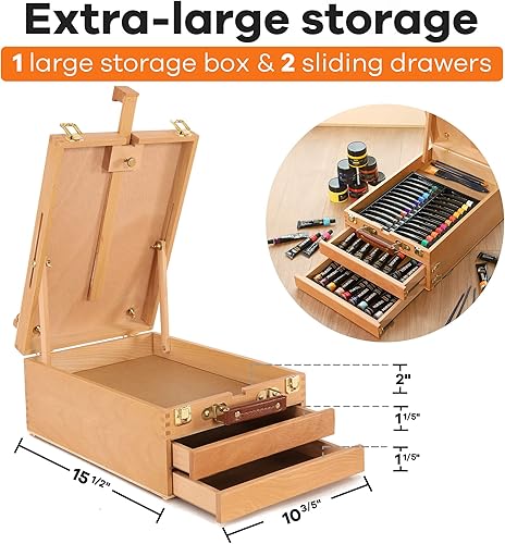 Miniatura 2 de VISWIN Caja grande de caballete de mesa con 3 cajones de almacenamiento, caballete de escritorio de madera de haya portátil ajustable para pintar,