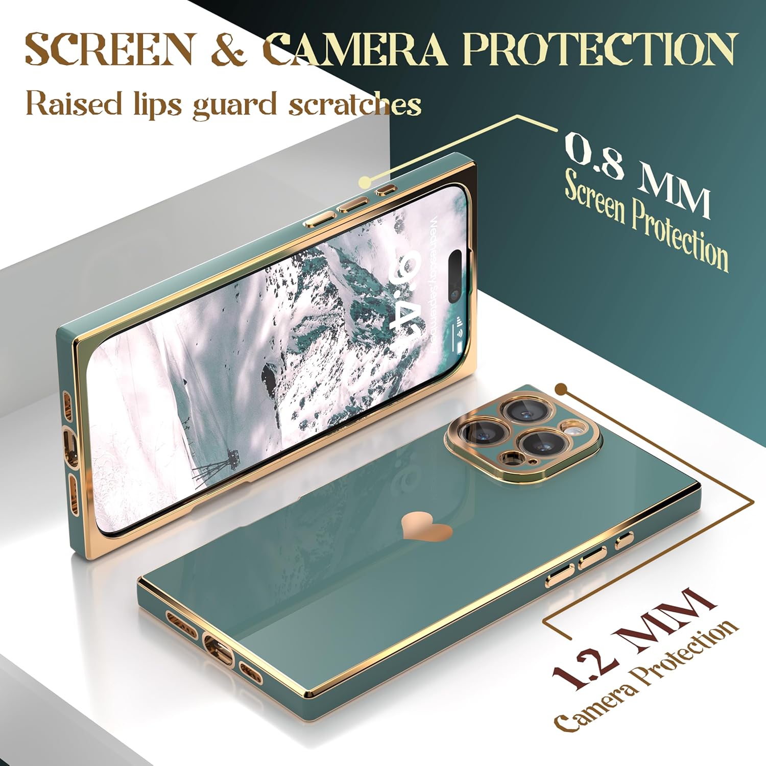 Case for iPhone 14 Pro Max - Rectangle Design, Full Camera Protection, Cute Heart Pattern, Electroplated Reinforced Corners, Shockproof Edge Bumper,Compatible with iPhone 14 Pro Max,Blue Gray - Image 2