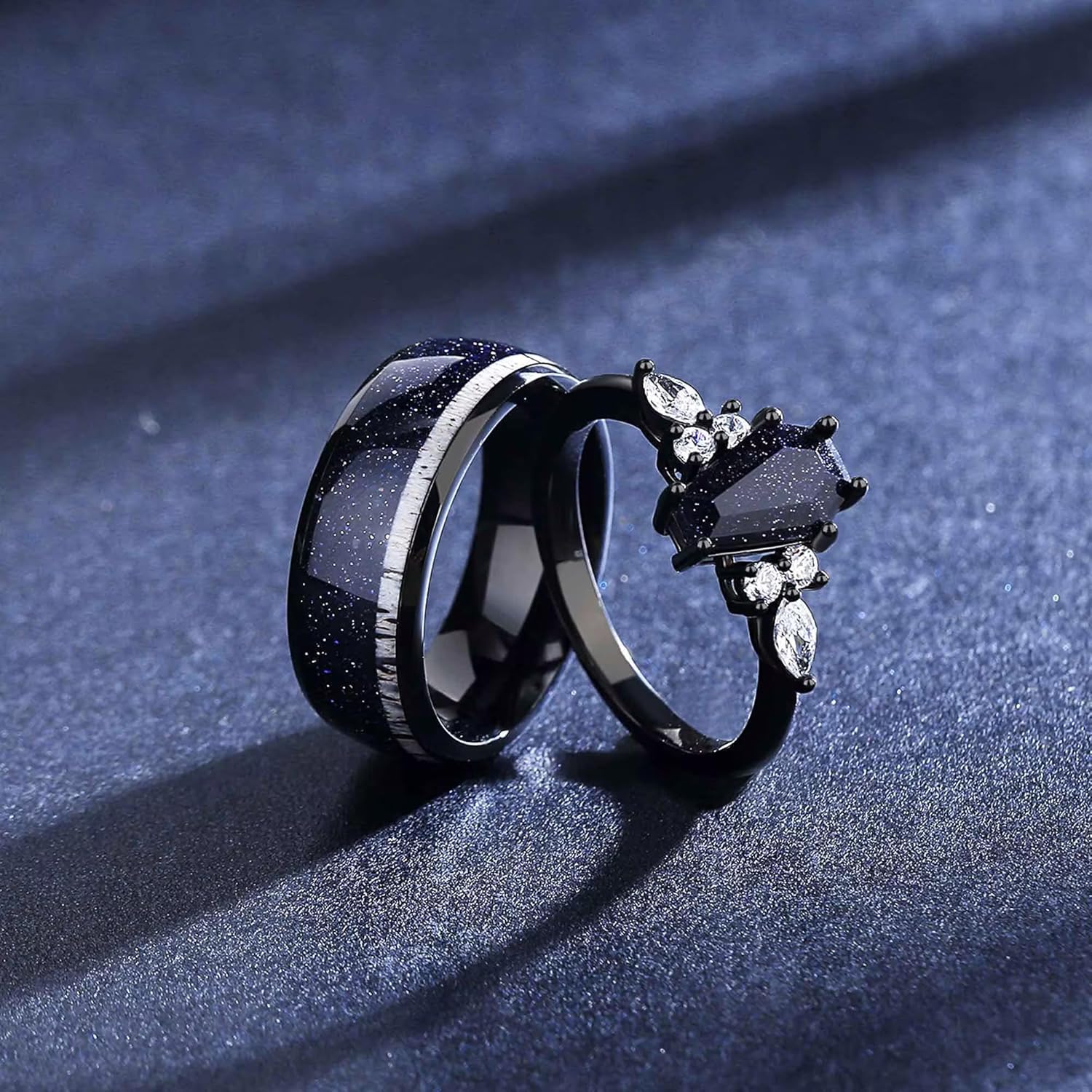 Blue Sandstone Wedding Ring Set for Couples, Galaxy Personalized Engraved Promise Rings, Black Stainless Steel with Shield Cut Stone, 2 Pieces