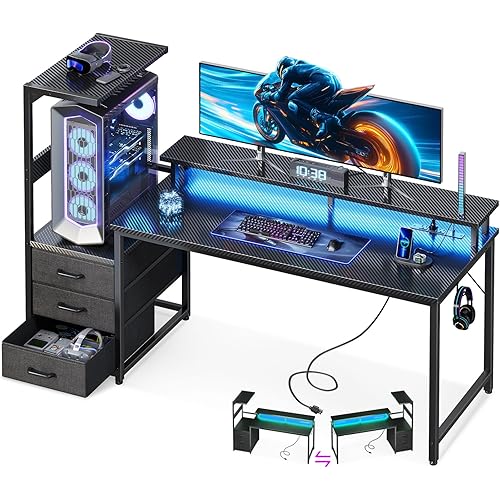 Casaottima 59 Inch Gaming Desk with USB Charging Ports & LED Light - Reversible Computer Desk with 3 Fabric Drawers, Monitor Stand, CPU Stand, and Side Hook, Modern Office Desk, Black