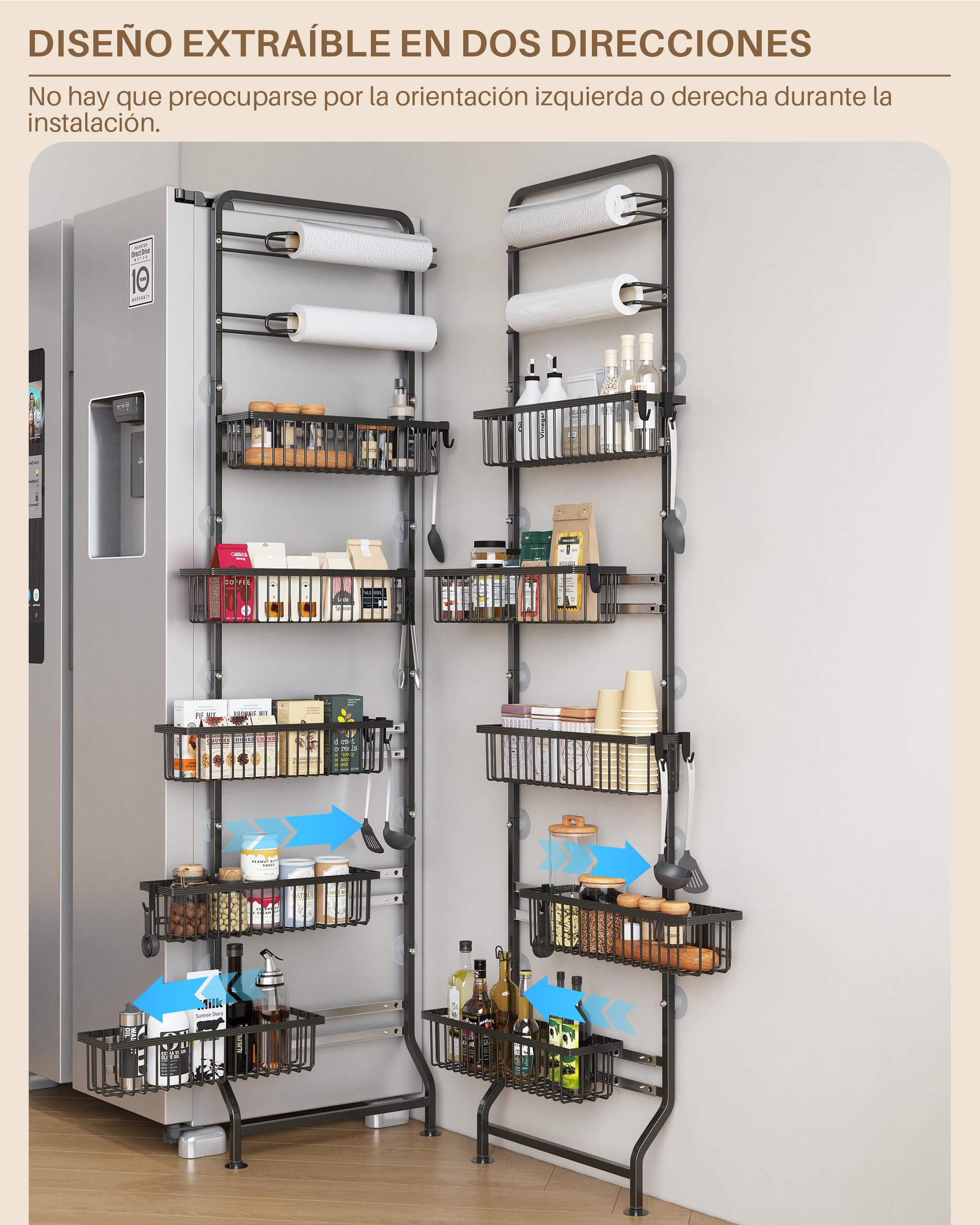 UMDONX Organizador de Especias 7 Niveles con Bandejas Deslizantes, Especiero para Puerta de Cocina con Portarrollos de Papel Integrado, Negro