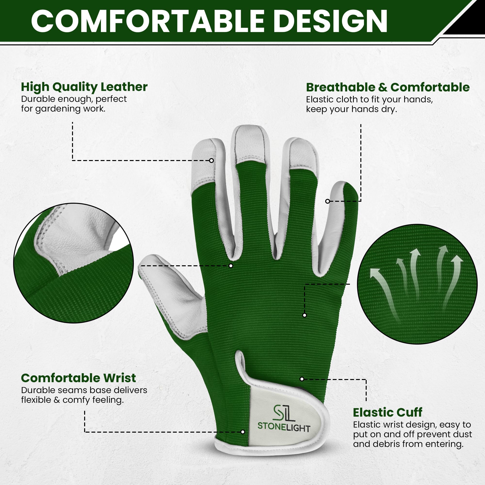 STONELIGHT Unisex Gardening Gloves Made with Leather & Spandex - Image 3