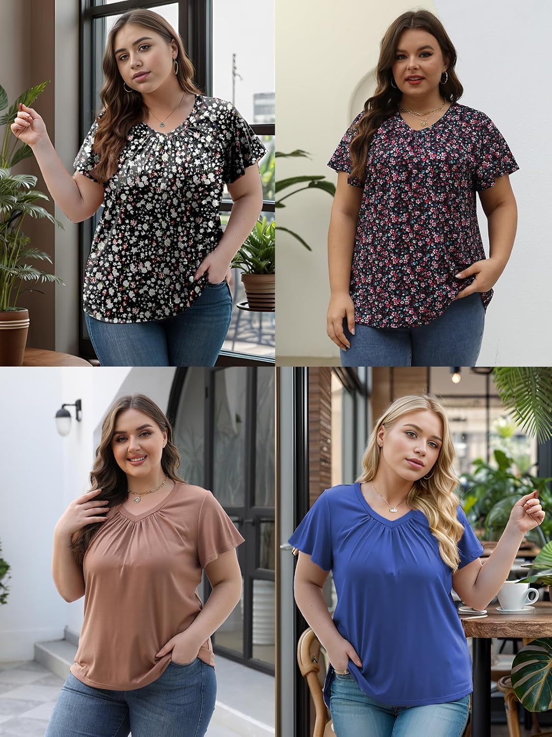 ROSRISS Womens-Plus-Size-Tops Summer Ruffle Short Sleeve Shirts Shirred V Neck Tunics - Image 4