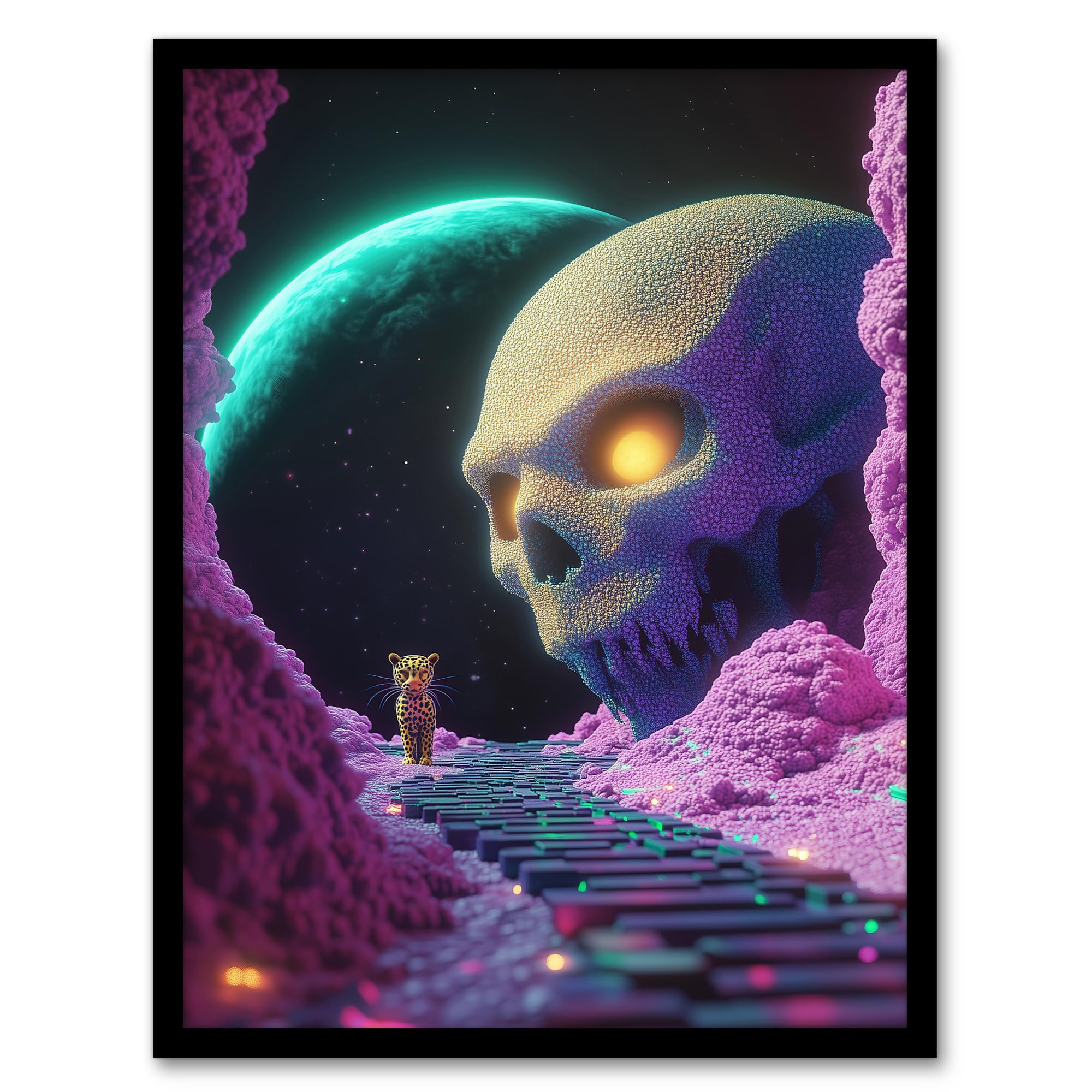 Artery8 Sci Fi Neon Fantasy Landscape Skull Leopard Moon Wall Art PrintA4 Size from B&Q