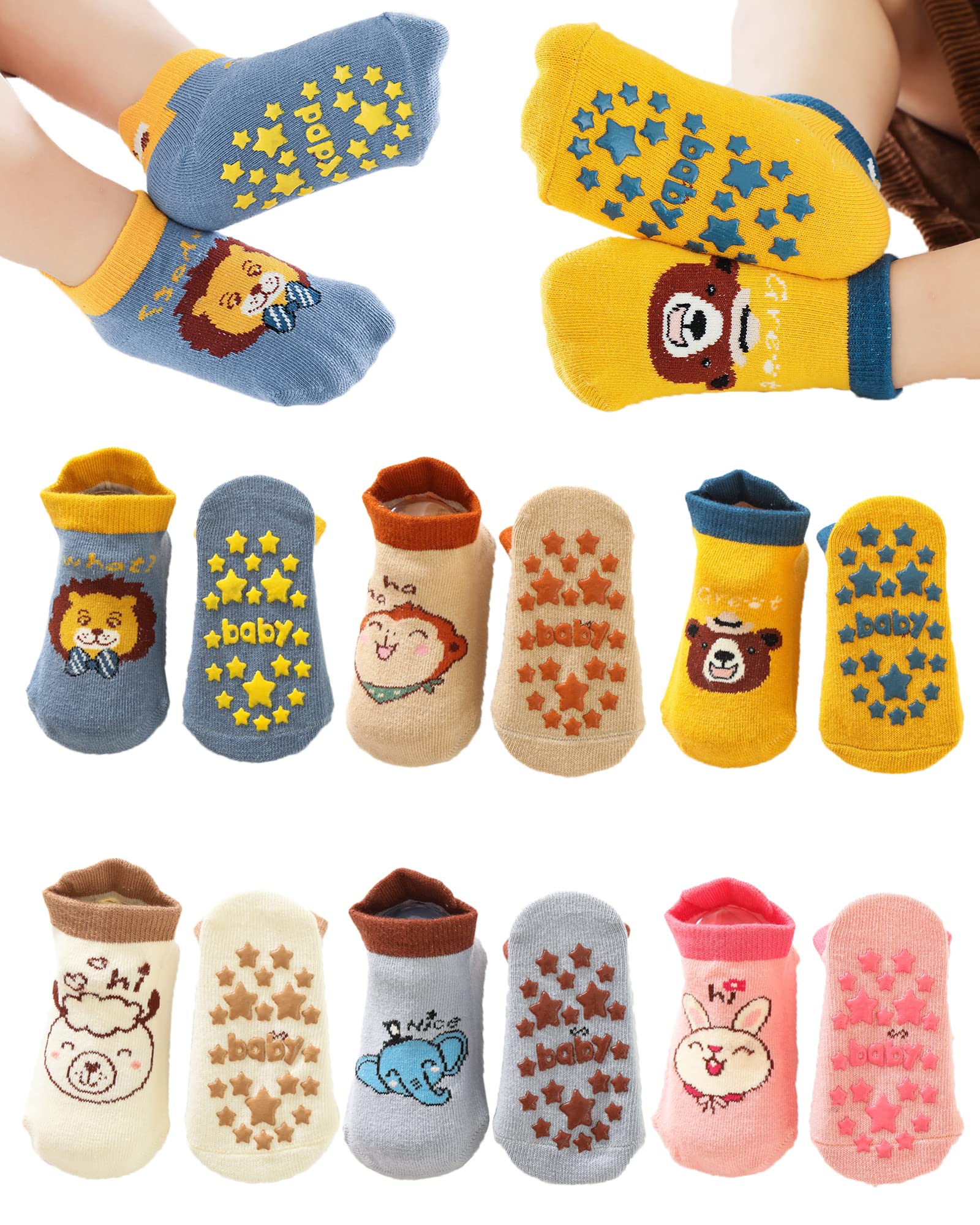 BEHELE Baby Non-skid Grip Socks Toddler Socks Anti Skid Slipper Ankle Socks for Girls Boys Infant Newborn 6 Pairs (as1, age, 1_year, 3_years)