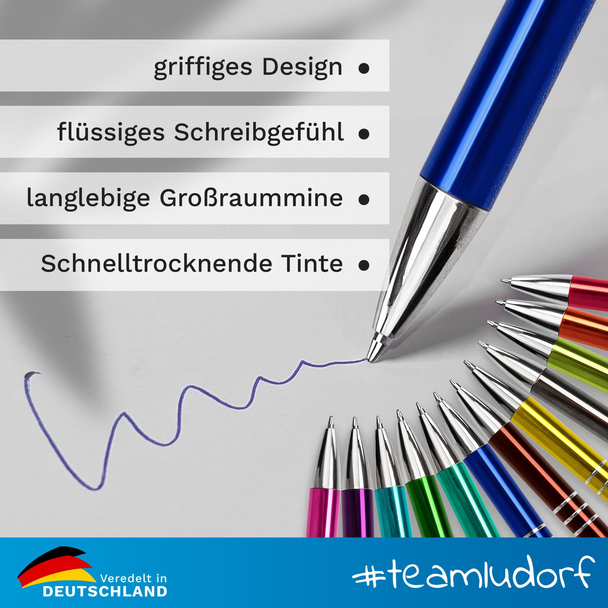 50x Kugelschreiber mit Gravur - Blau eloxiert (Gamma) - Hochwertige Metallkugelschreiber Personalisierter Kulli mehrfarbig Stifte mit Gravur Kullis