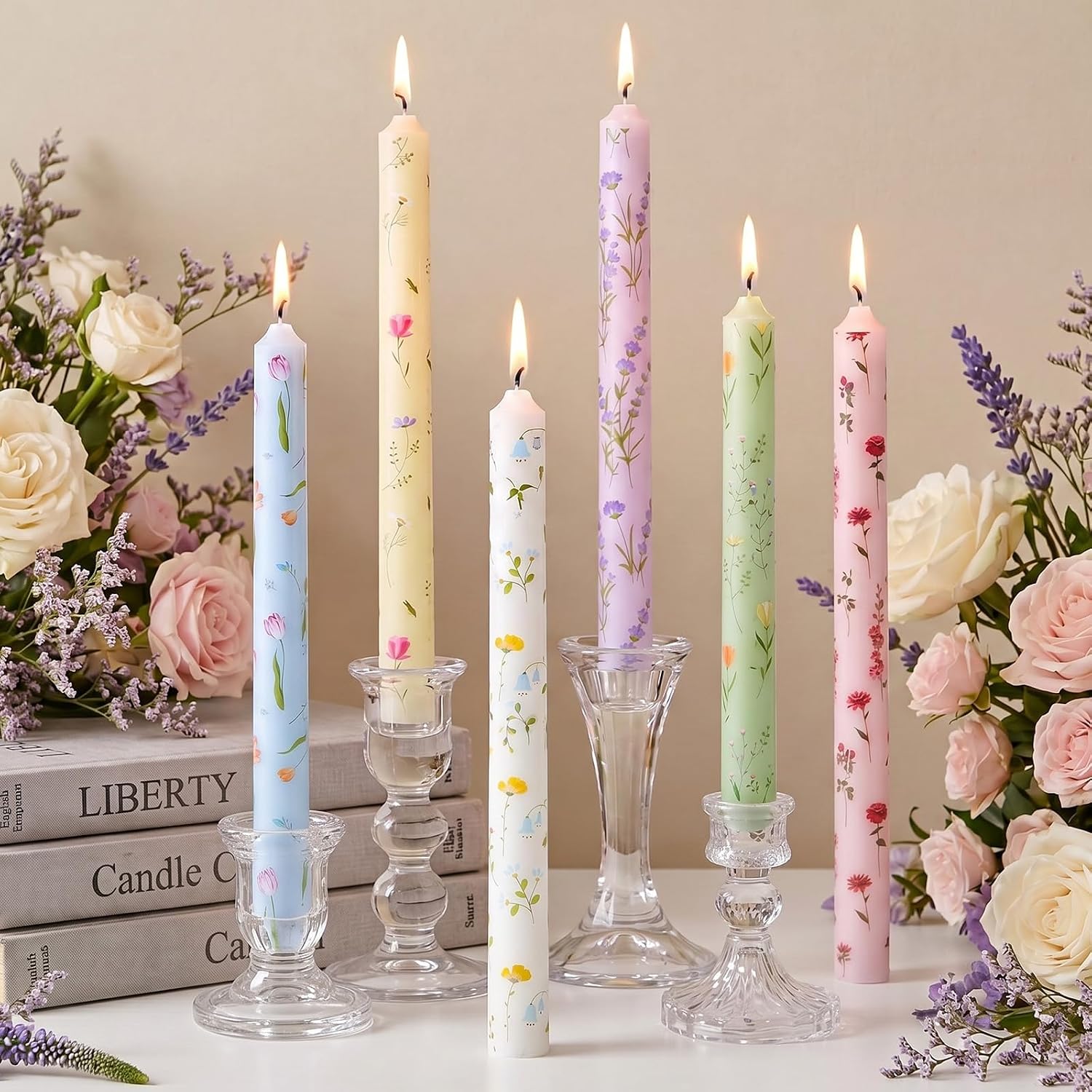 Conelist 6pcs 9.8" Pastel Floral Pillar Candles Candlesticks