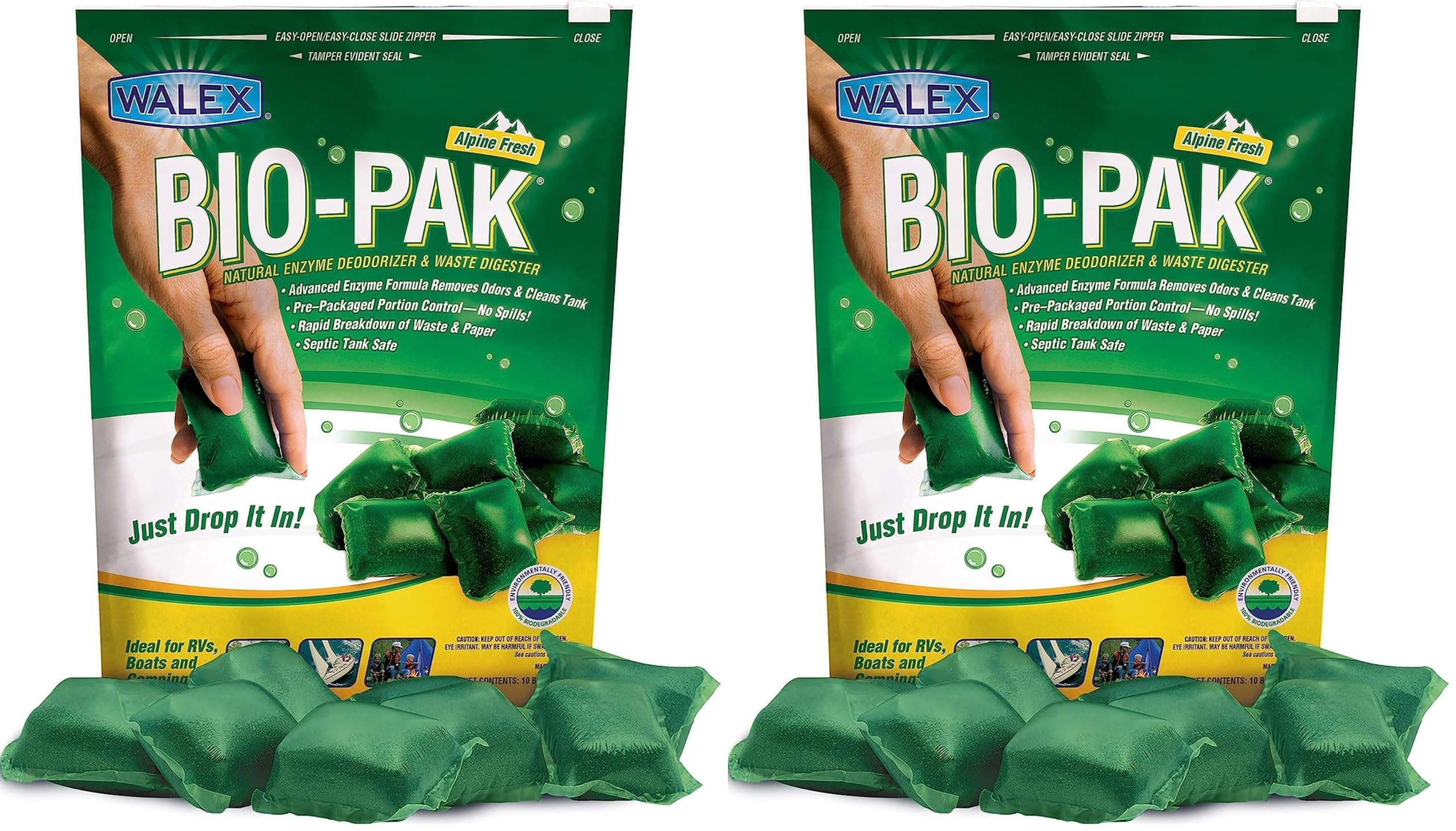 Walex Bio-Pak Black Holding Tank Deodorizer &amp; Waste Digester Drop-Ins - Advanced Enzyme Formula for Rapid Breakdown of Waste &amp; Paper,Removes Odors-&amp; Cleans Tank; Alpine Fresh,10 Count (Pack of 2)