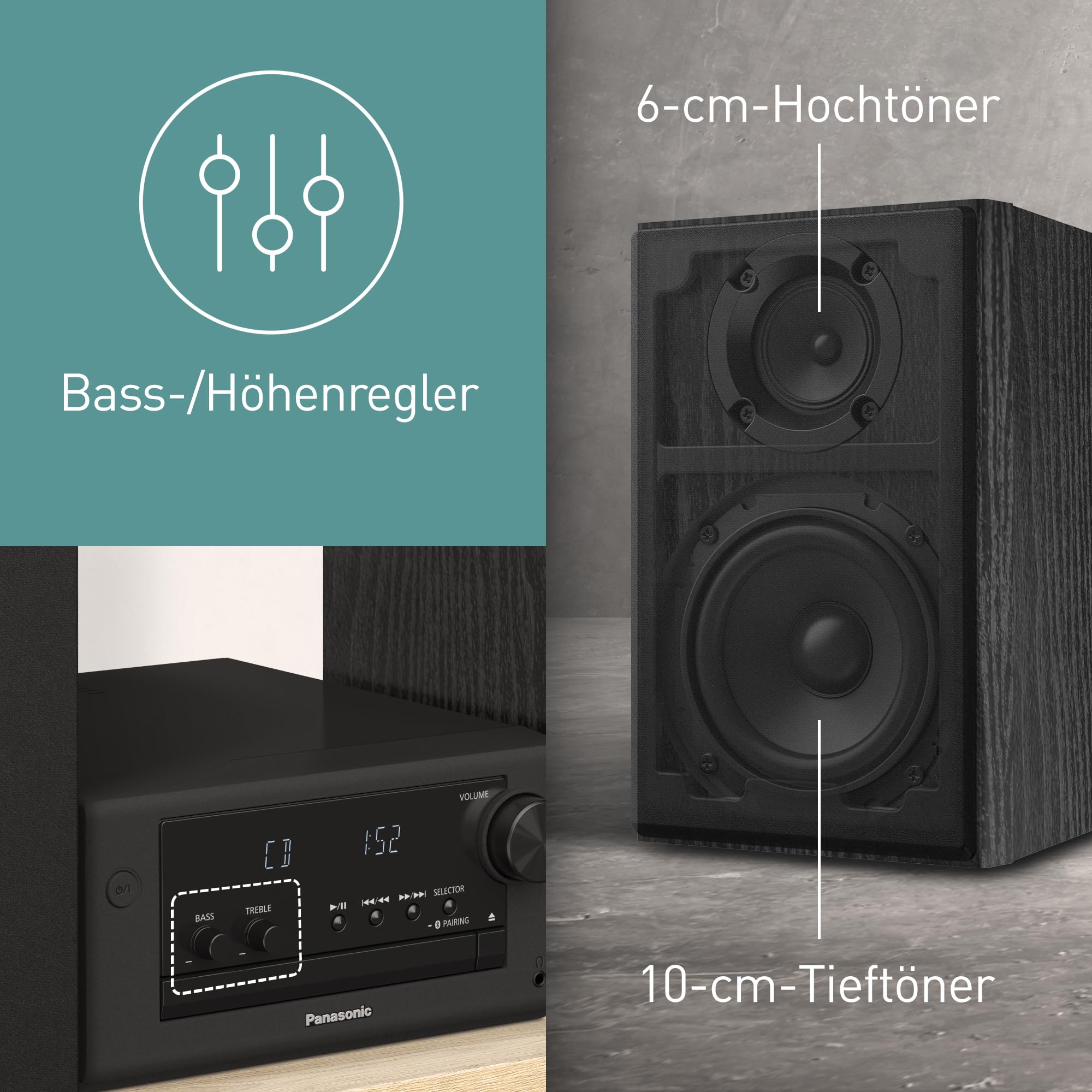 Panasonic SC-PM704EG-K Kompaktes Micro HiFi Stereosystem mit CD, DAB+/FM Radio, USB und Bluetooth, 80W Lautsprechern, Bassregelung, Schwarz