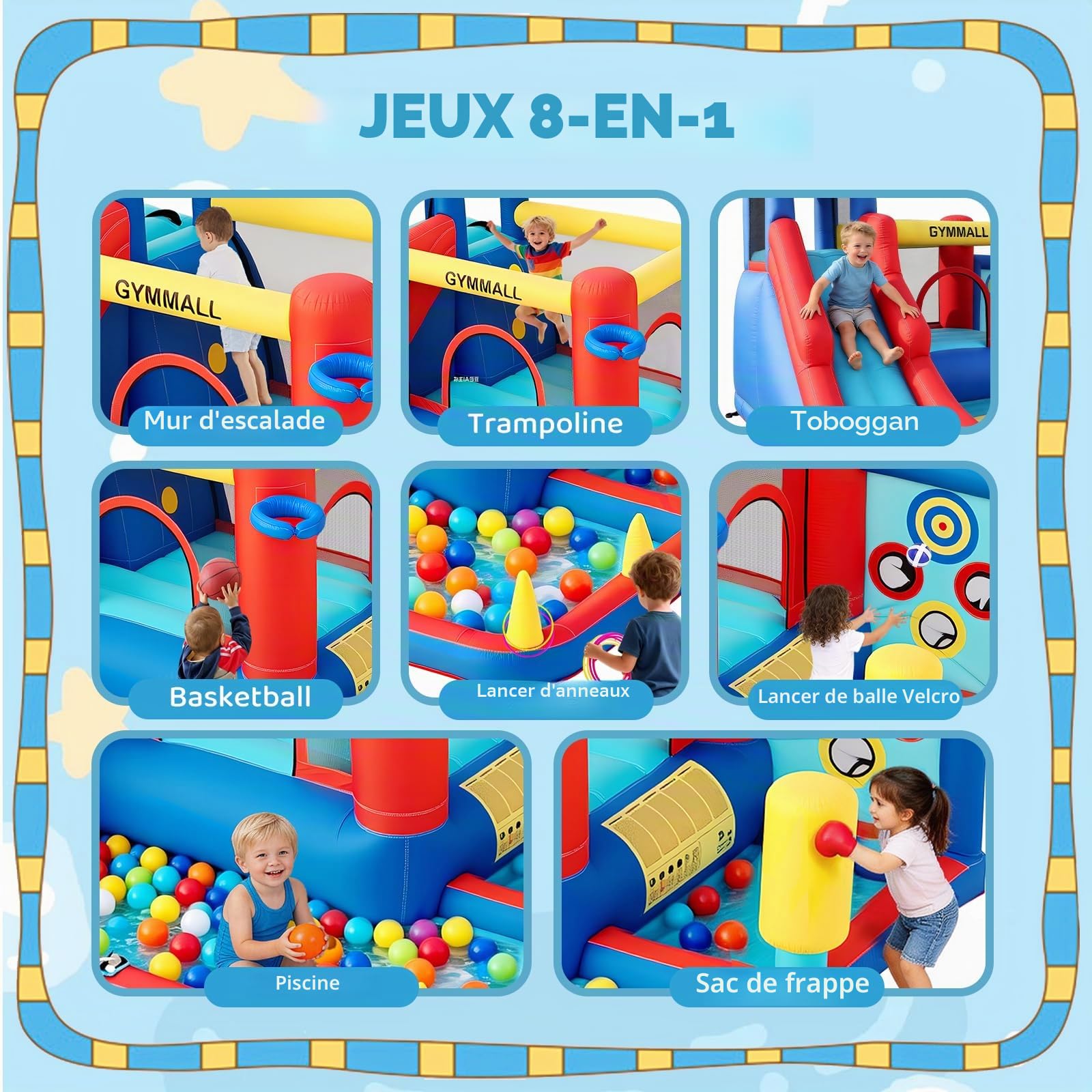 Château Gonflable pour Enfants – Équipement de Jeu Multifonction 8 en 1 avec Toboggan, Mur d’Escalade, Trampoline et Ventilateur 370W, conçu pour Intérieur et Extérieur