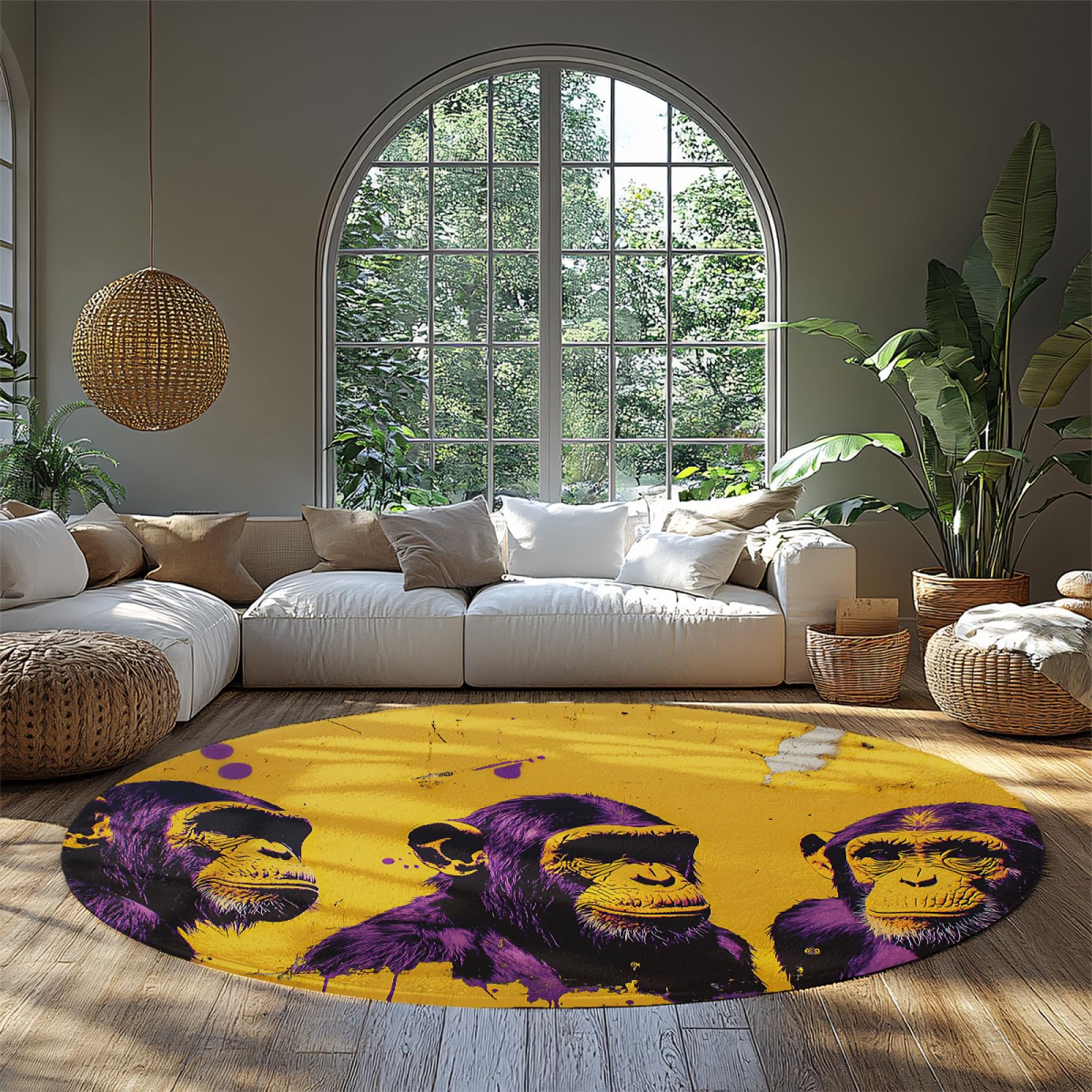 Tapis rond Pop Art vibrant de 160cm avec motif singe jaune et violet pour dynamiser une chambre
