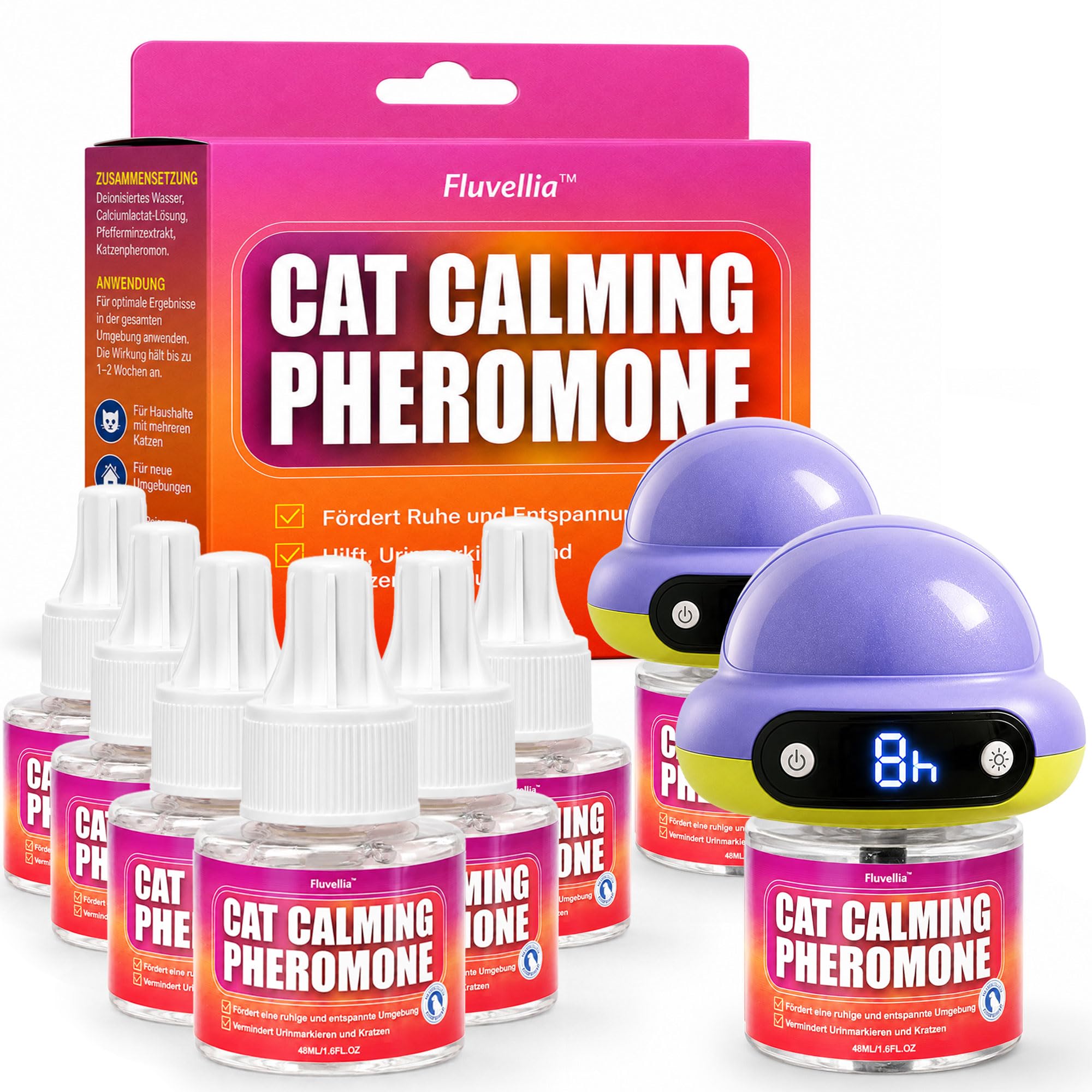 Lot de 6 diffuseurs de phéromones apaisants pour chat avec minuterie numérique de 48 ml