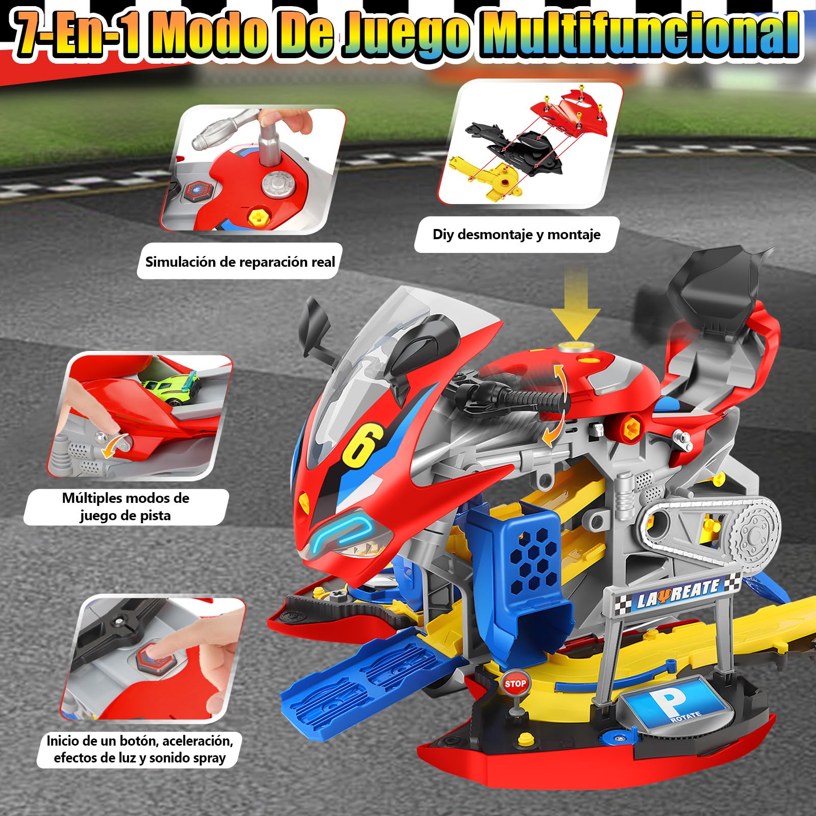 Moto Construir Niños, Moto de Construcción Con Luz y Sonido para 3-8 Años, Kit de Ensamblaje con Taladro Eléctrico y Pista, Regalo Ideal para Niños de 3 4 5 6 7 8 9 (Rojo)