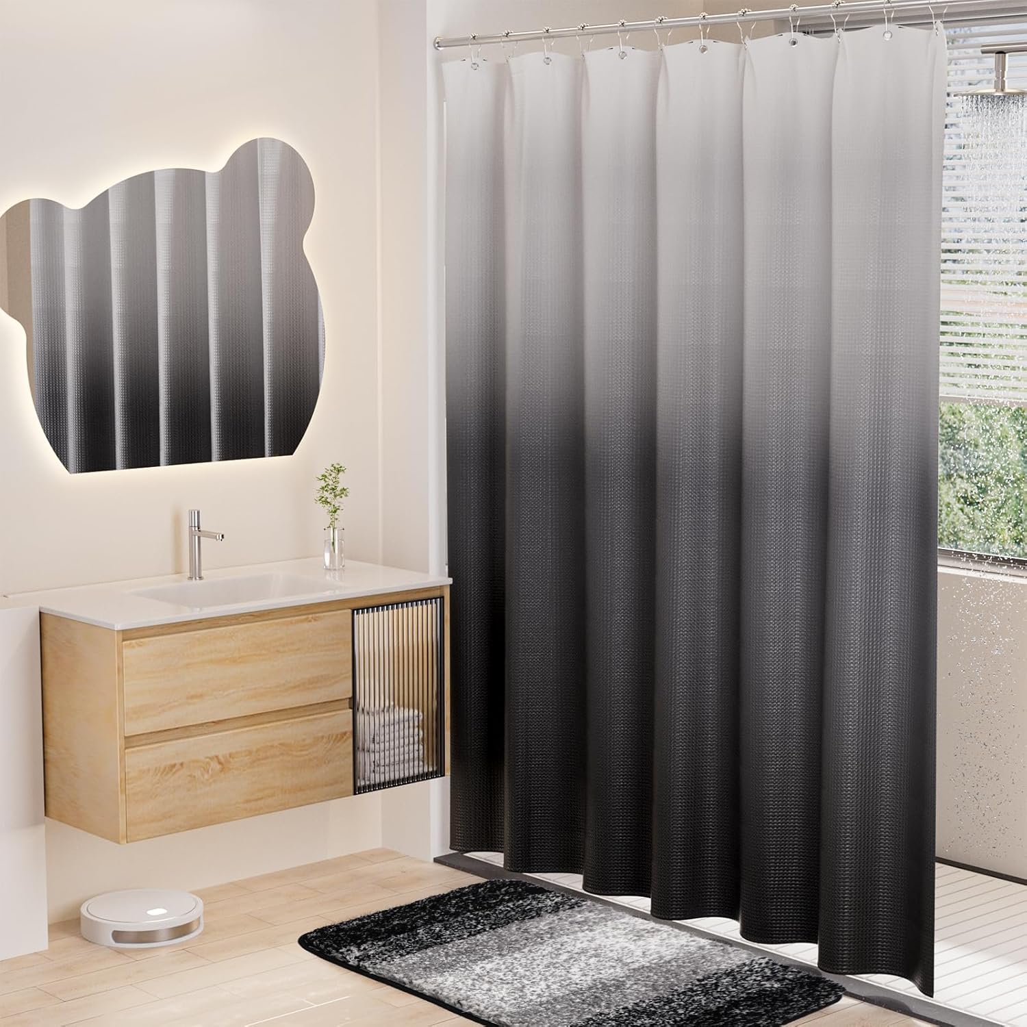 15 Pcs Shower Curtain Set Black Bathroom Sets with Shower Curtain and Rugs Ombre Waterproof Thicken Waffle Shower Curtain with 2 Piece Non-Slip Luxury Bathroom Rugs and 12 Hooks for Bathroom Decor