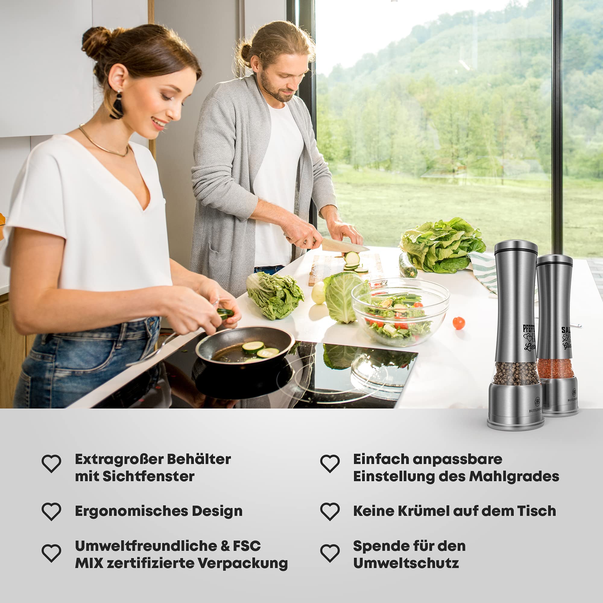 BUTLERBELL® Salz und Pfeffermühle mit Keramikmahlwerk | Gewürzmühlen Set | Hochzeitsgeschenke für Brautpaar