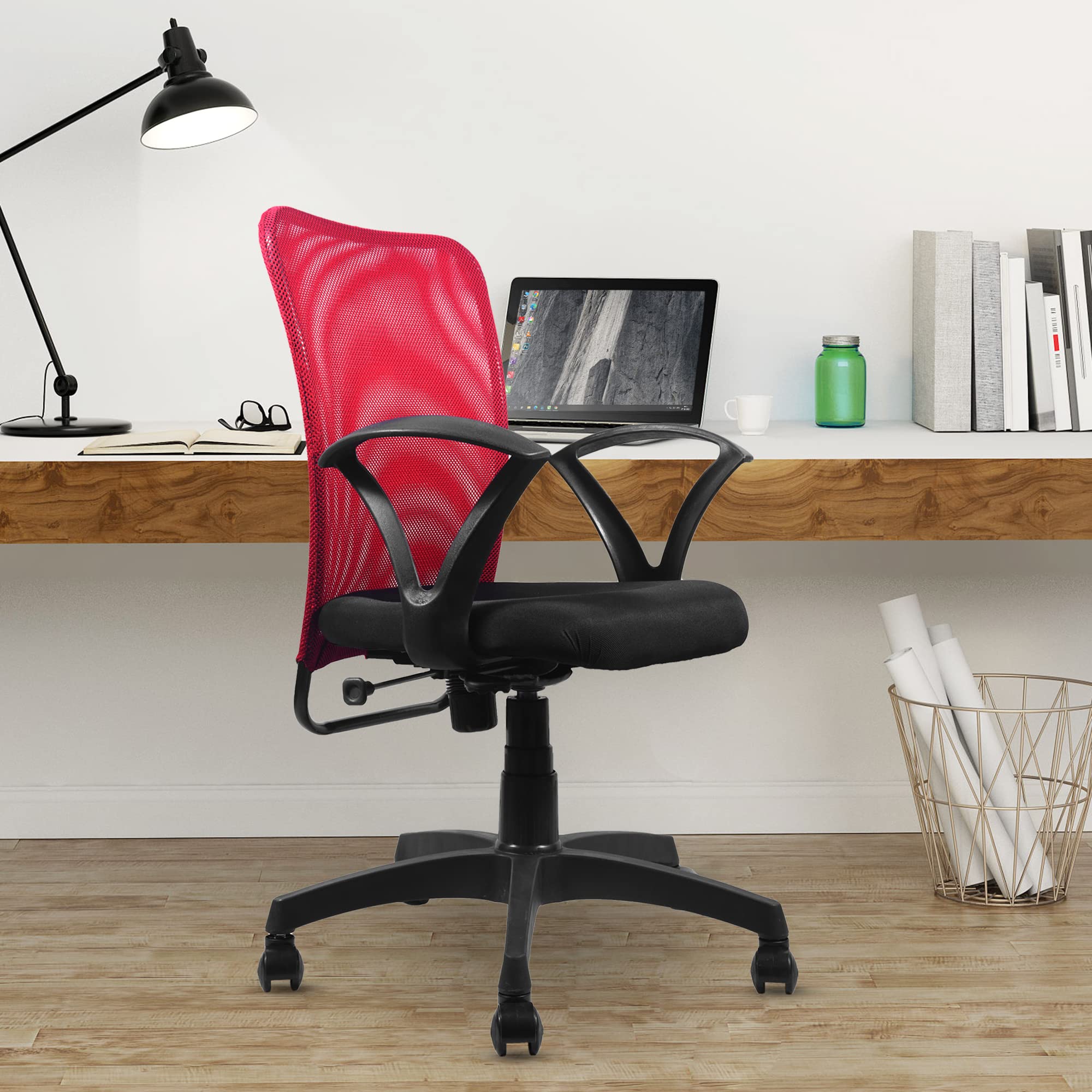 ROSE® Sigma | 3 Years Brand Warranty | Swivel Revolving Office Chair with Wheels, Adjustable Height & Cushioned Seat | Ergonomic Study, Laptop & Work Chair for Home & Office Seating (Red)