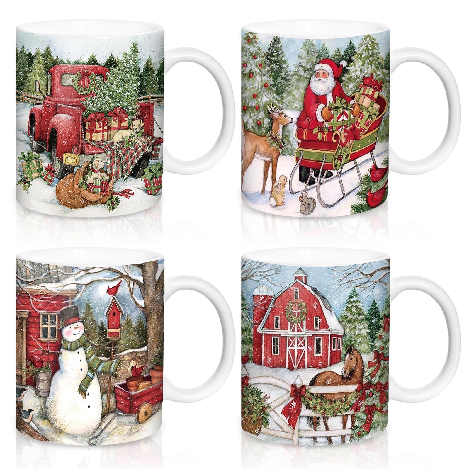 Whaline Lot de 4 tasses de Noël vintage de 355 ml, motif Père Noël, bonhomme de neige, tasse à café en céramique pour fête de Noël pour la maison, l'école, le bureau, cadeau de pendaison de
