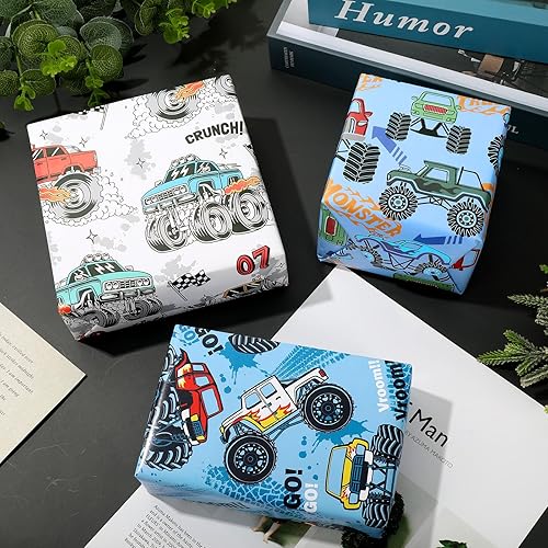 Miniatura 4 de AnyDesign 12 hojas de papel de regalo de camión monstruo de dibujos animados de carreras, papel de regalo a granel, plegado plano, azul y blanco,