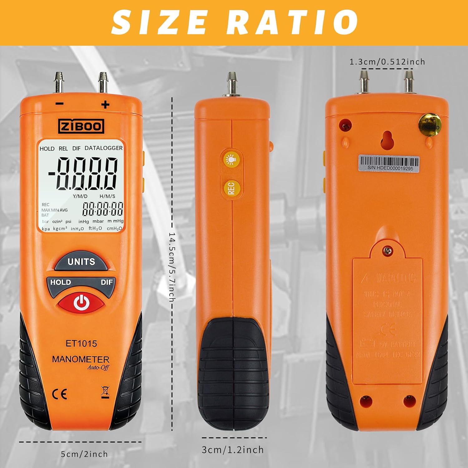 Diagram showing the size dimensions of the ZIBOO ET1015 Digital Manometer