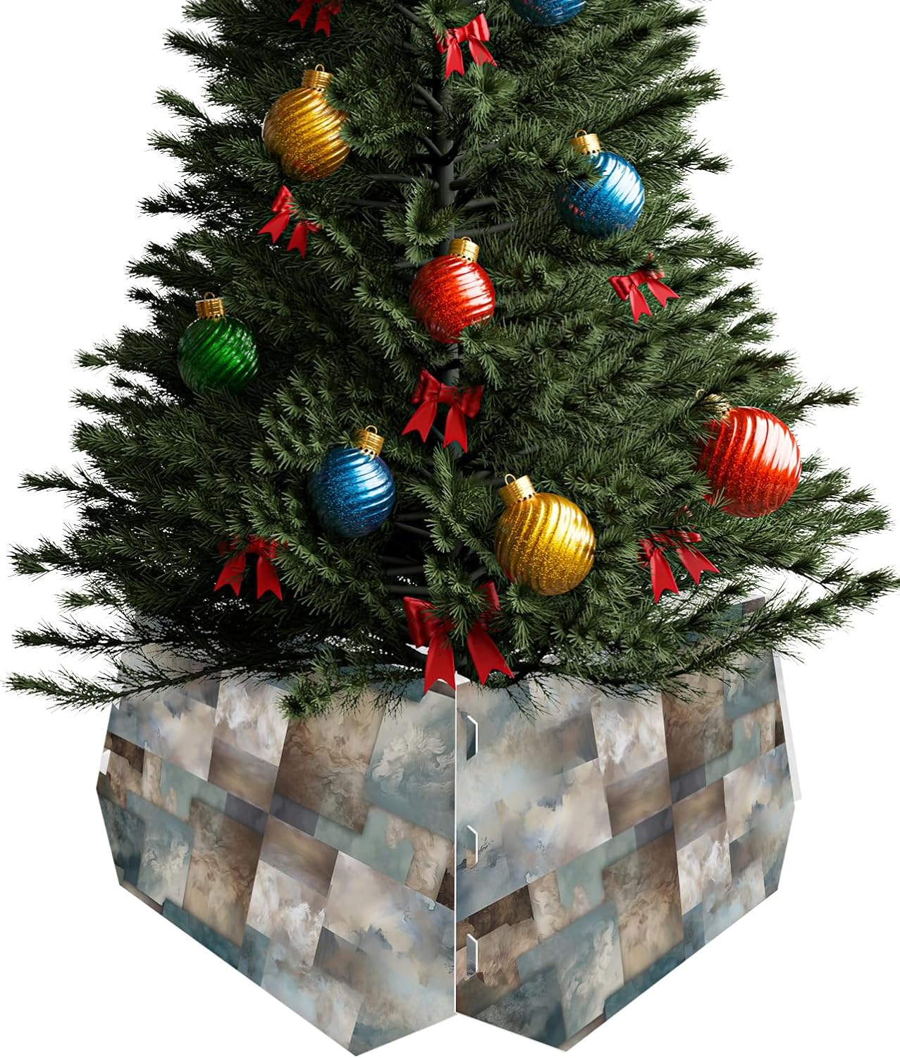 Christmas Tree Collar 4PCS-14.5"x 10", Christmas Tree Ring Marble Teal Brown Abstract Geometric Lines Christmas Tree Stands Skirts Base Covers for Xmas Holiday Home Decor