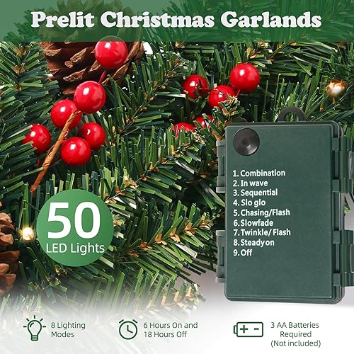 Miniatura 4 de Guirnalda de Navidad preiluminada de 9 pies con bayas rojas y conos de pino y 50 luces LED blancas suaves con temporizador, decoración artificial de